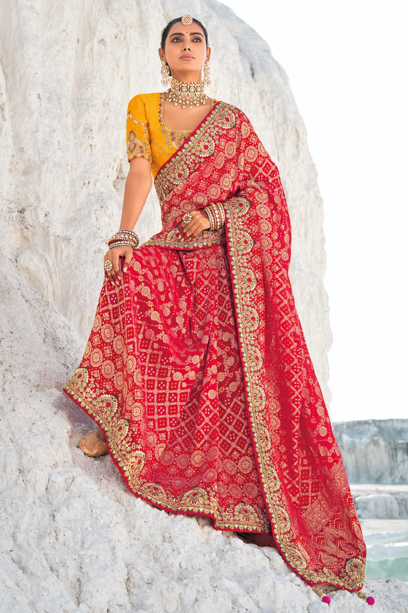 Buy MySilkLove Ruby Red Georgette Patola Saree Online