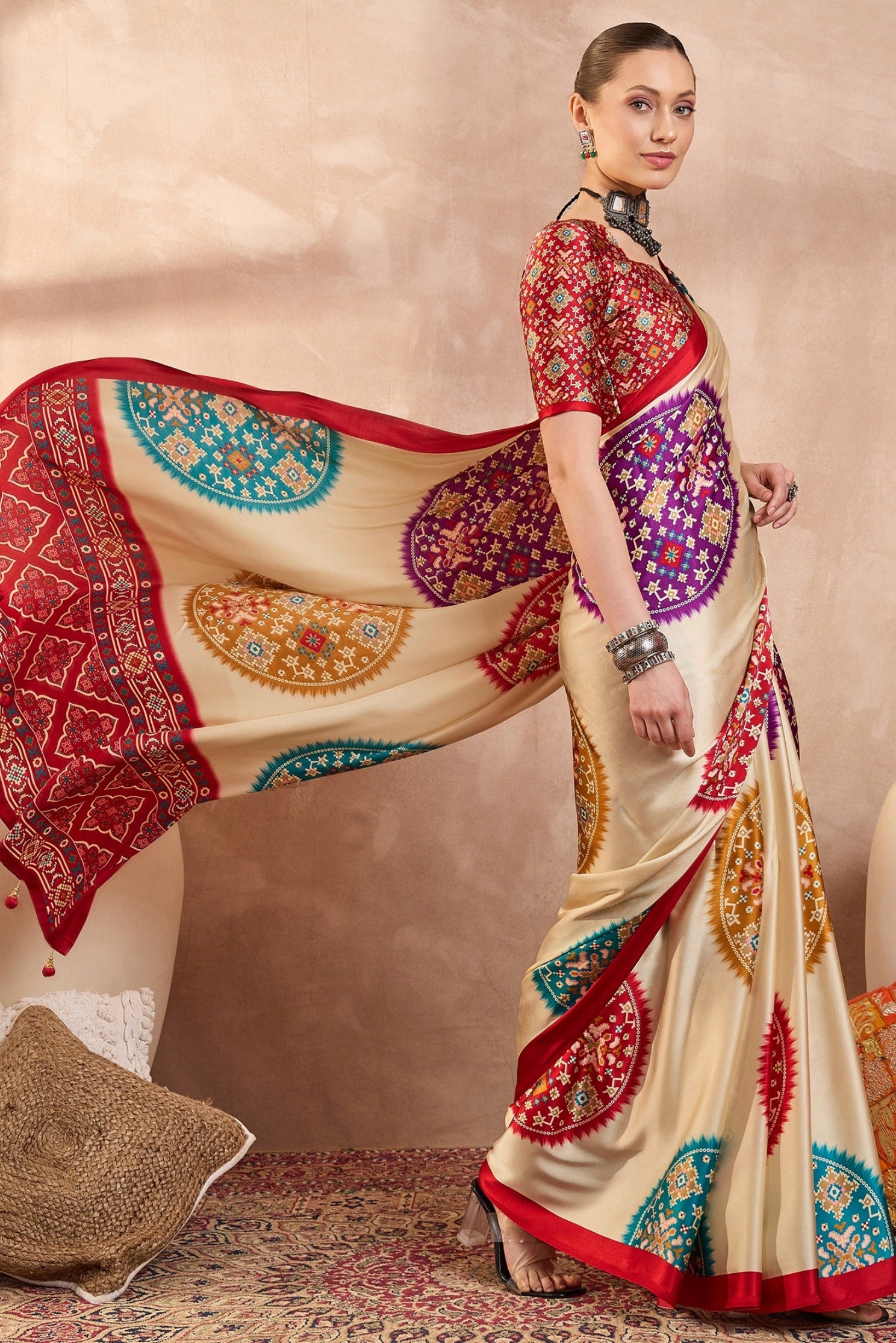 Buy MySilkLove Bright Cream and Red Modal Ajrakh Printed Silk Saree Online