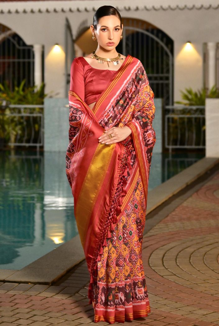 Buy MySilkLove Neon Orange Printed Patola Soft Silk Saree Online
