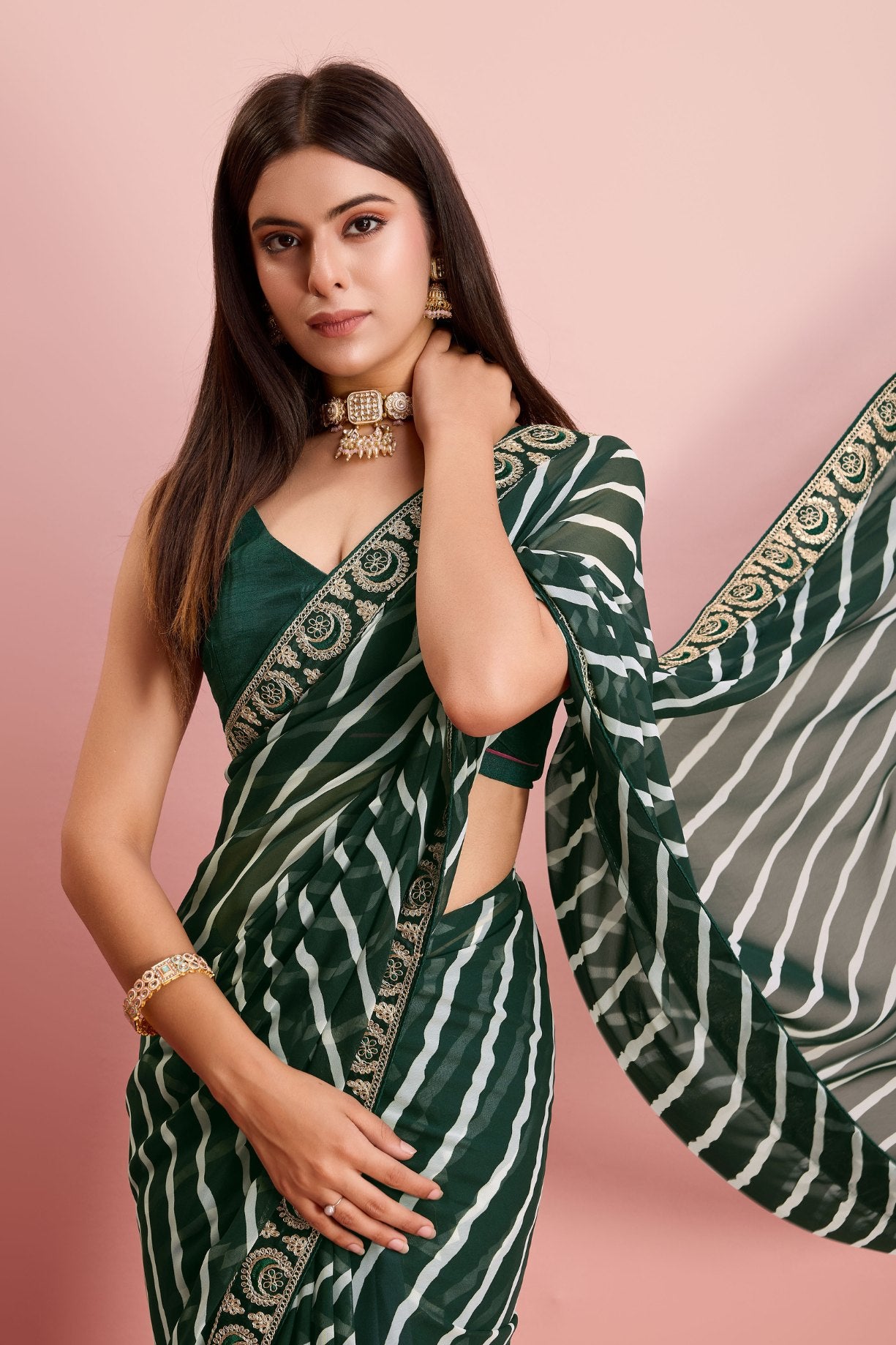 Buy MySilkLove Cape Cod Green Georgette Lehriya Silk saree Online