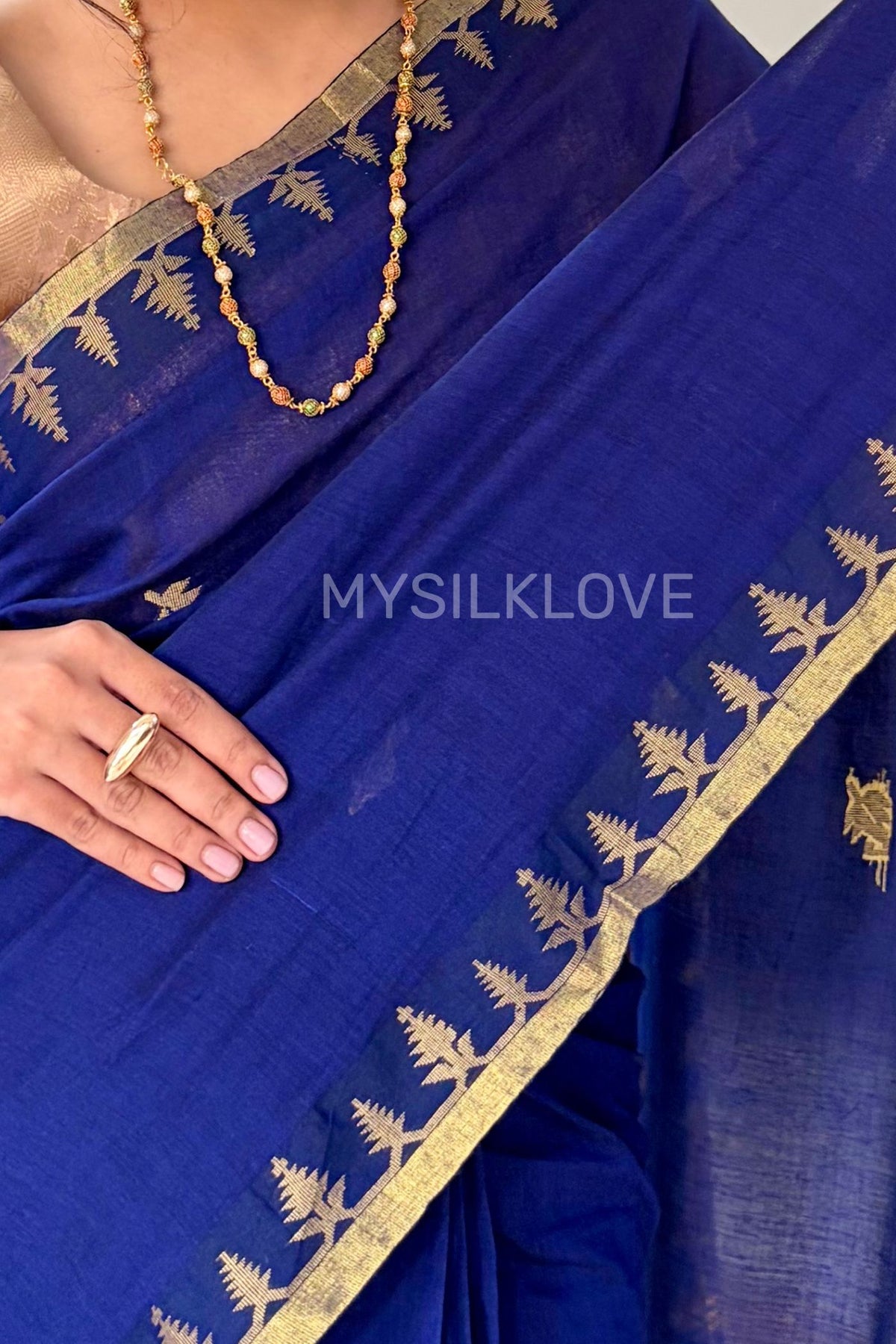 Buy MySilkLove Capri Blue Mul Mul Cotton Zari Woven Saree Without Blouse Online
