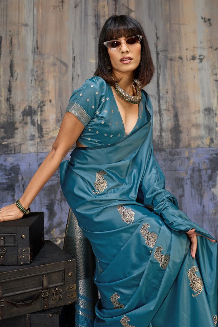 Buy MySilkLove Cyan Blue Handloom Satin Soft Silk Saree Online