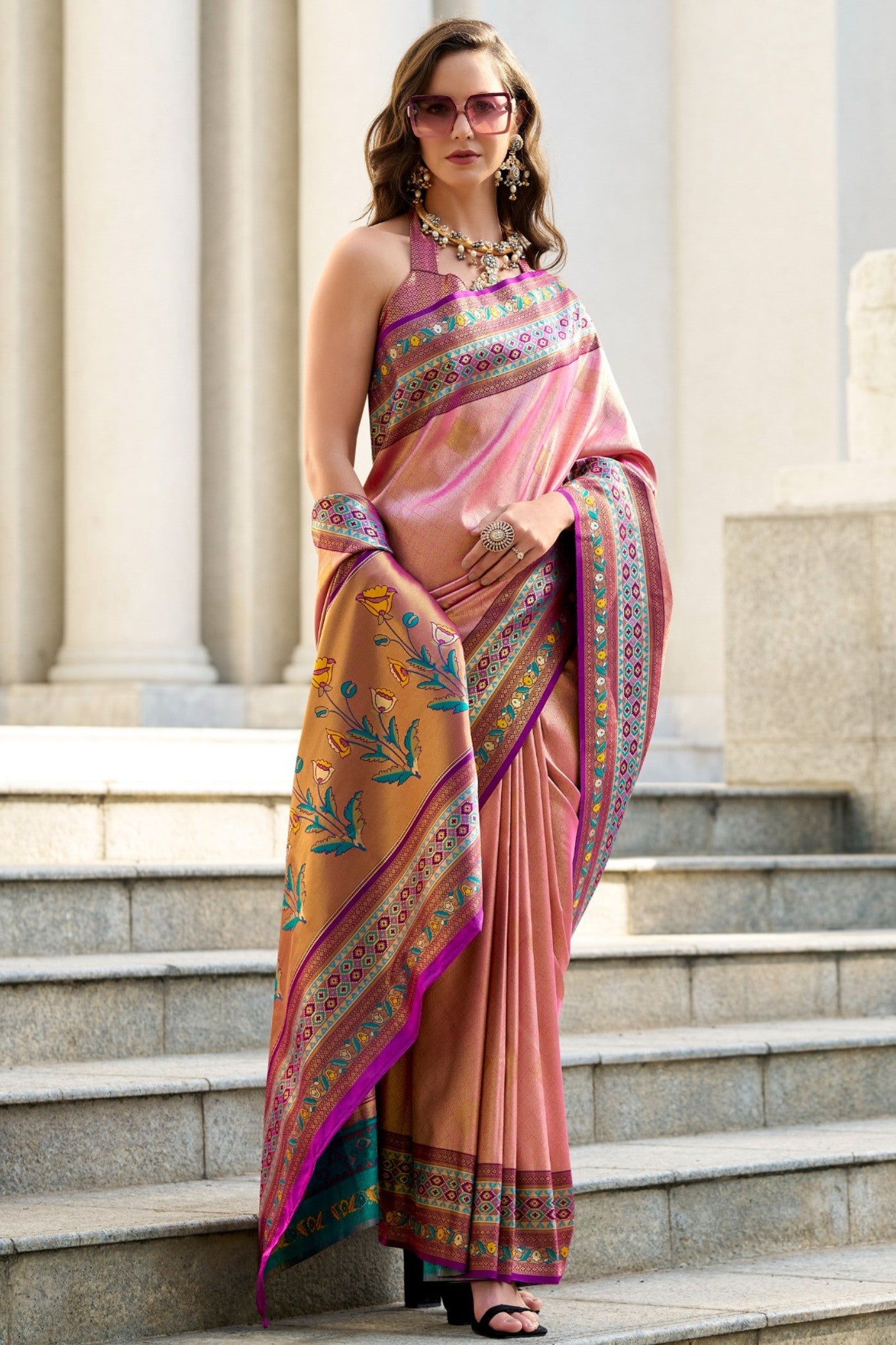 Buy MySilkLove Nation Pink Tissue Handloom Saree Online