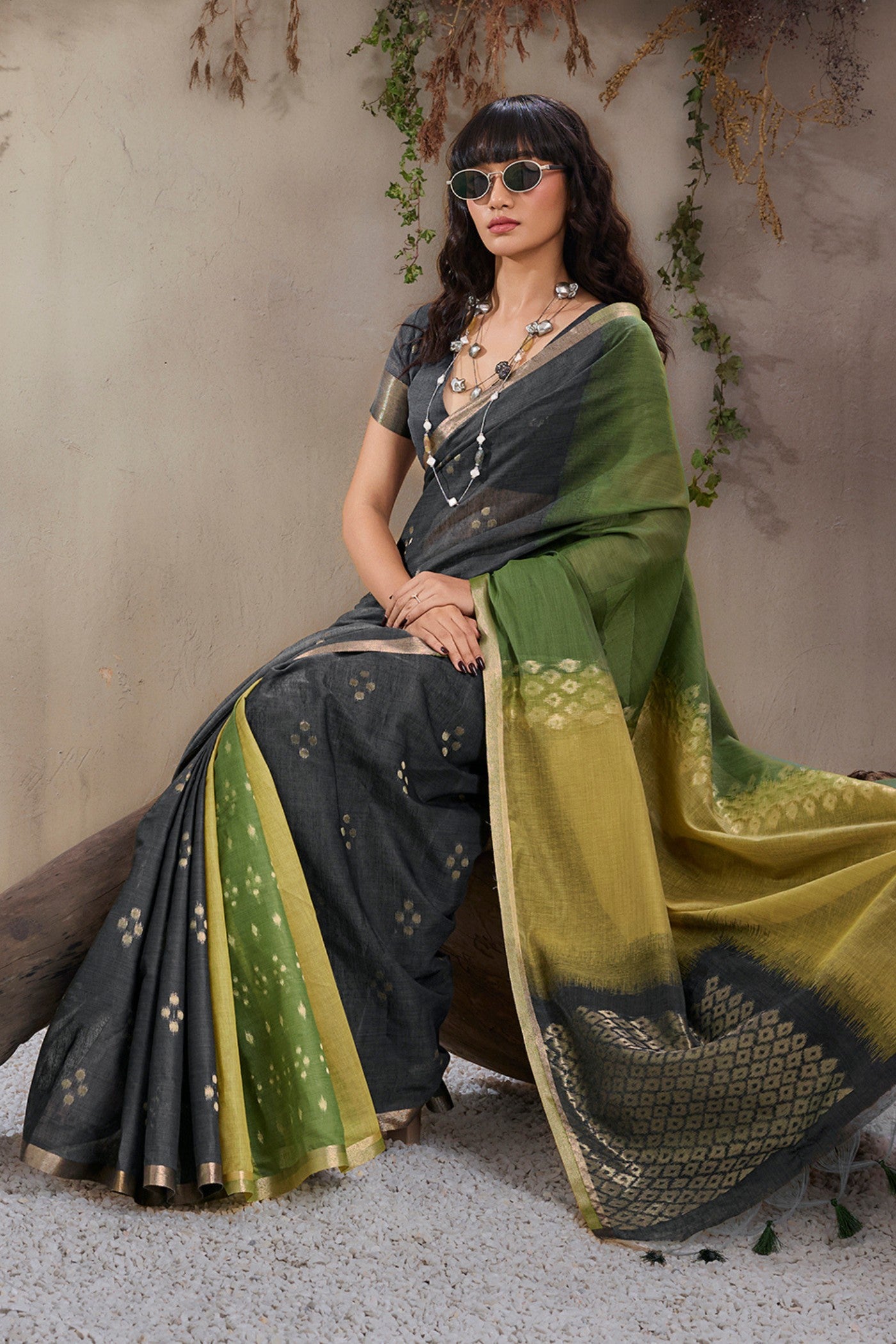 Buy MySilkLove Olive Black and Green Handloom Cotton Saree Online