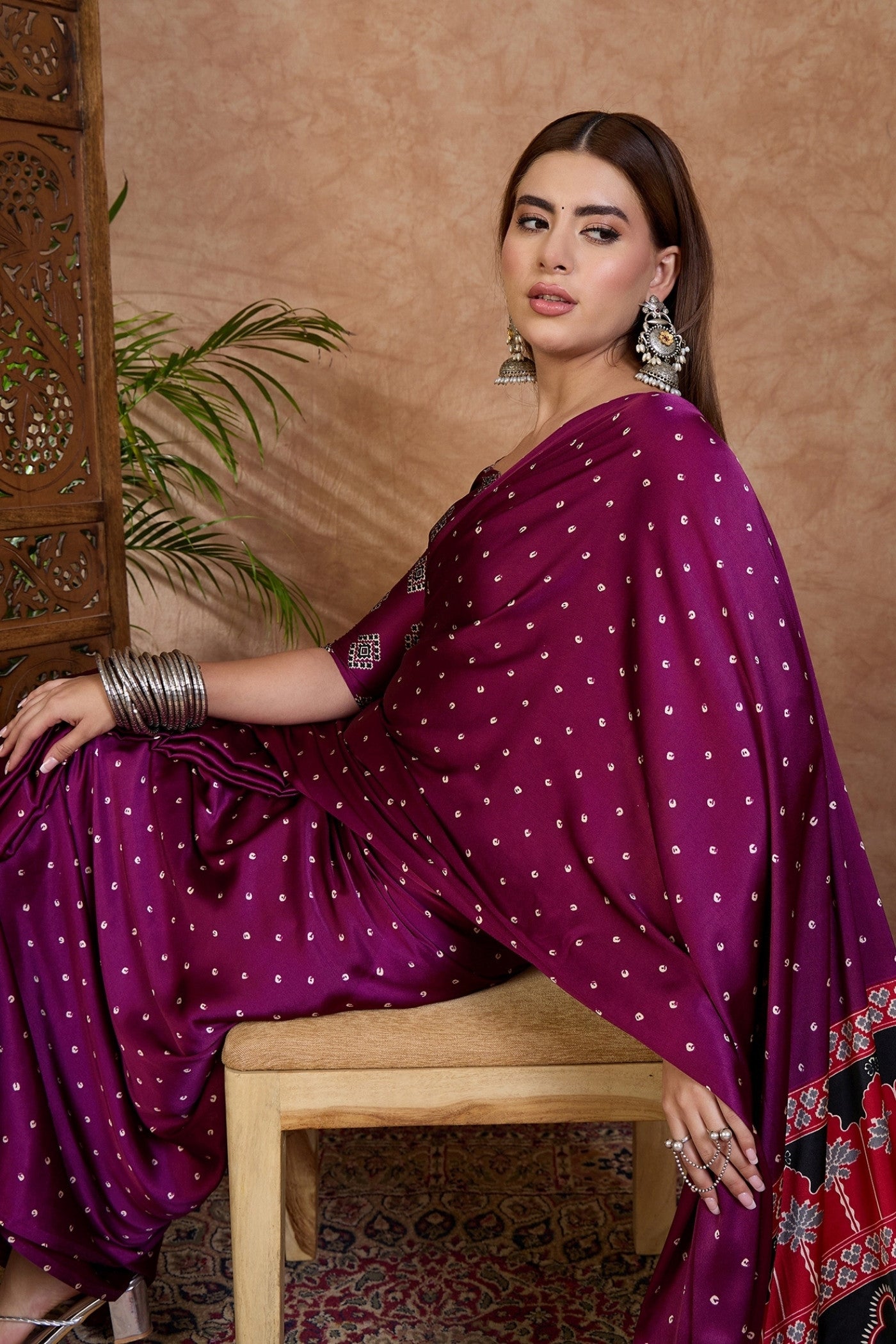 Buy MySilkLove Petunia Purple Ajrakh Printed Satin Crepe Silk Saree Online