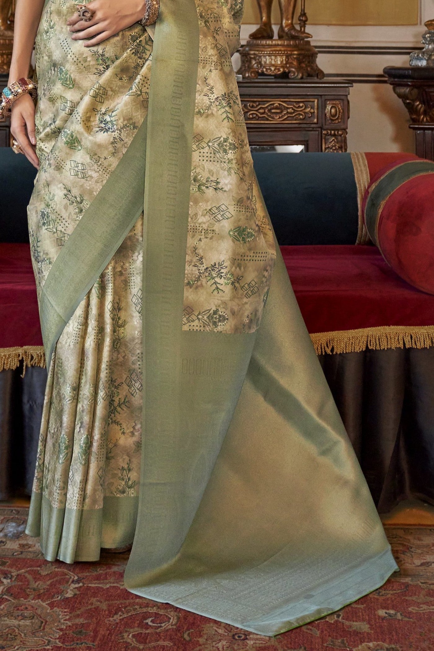 Buy MySilkLove Gurkha Green Banarasi Digital Printed Saree Online