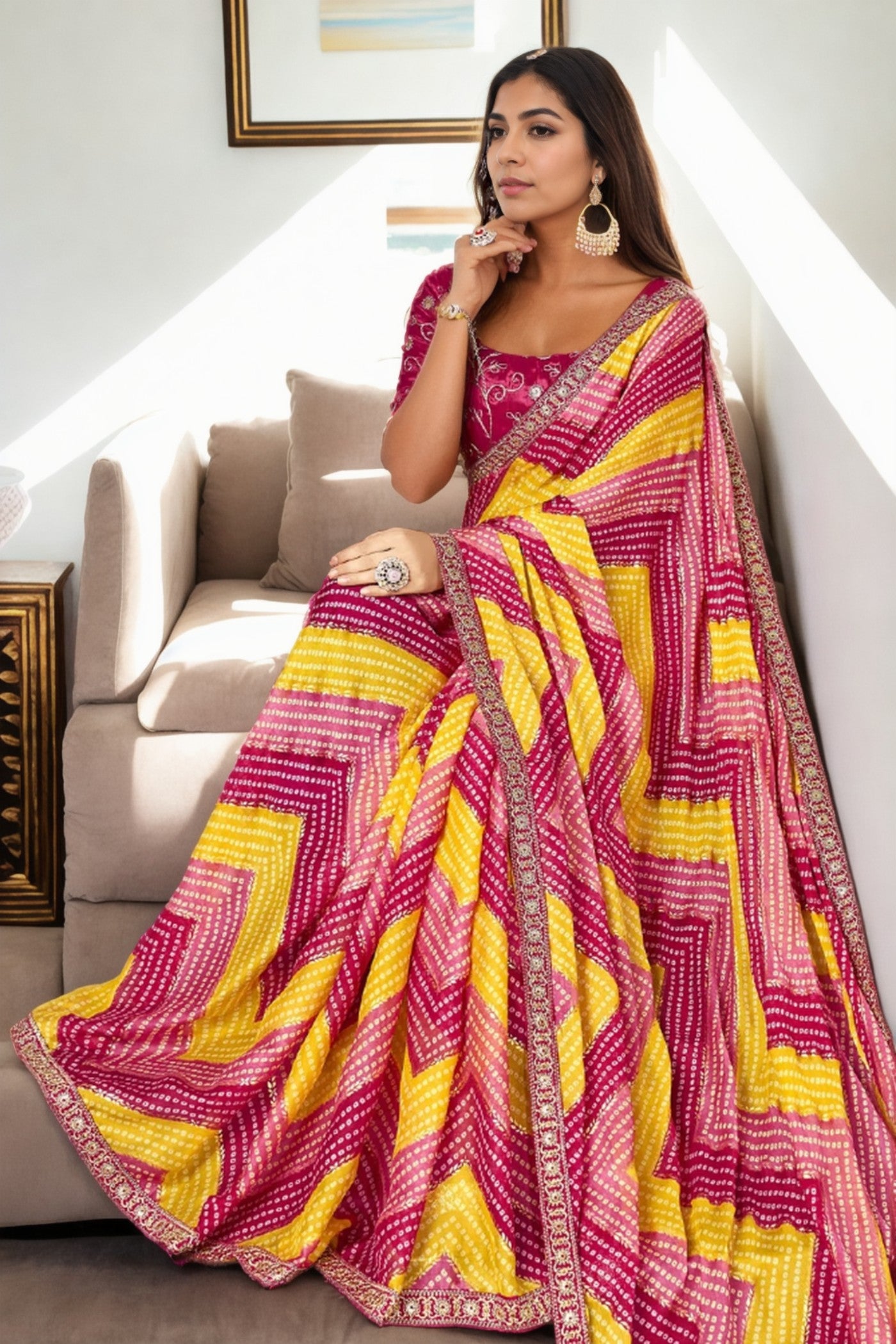 Buy MySilkLove Zest Yellow and Pink Bandhani Digital Printed Silk Saree Online