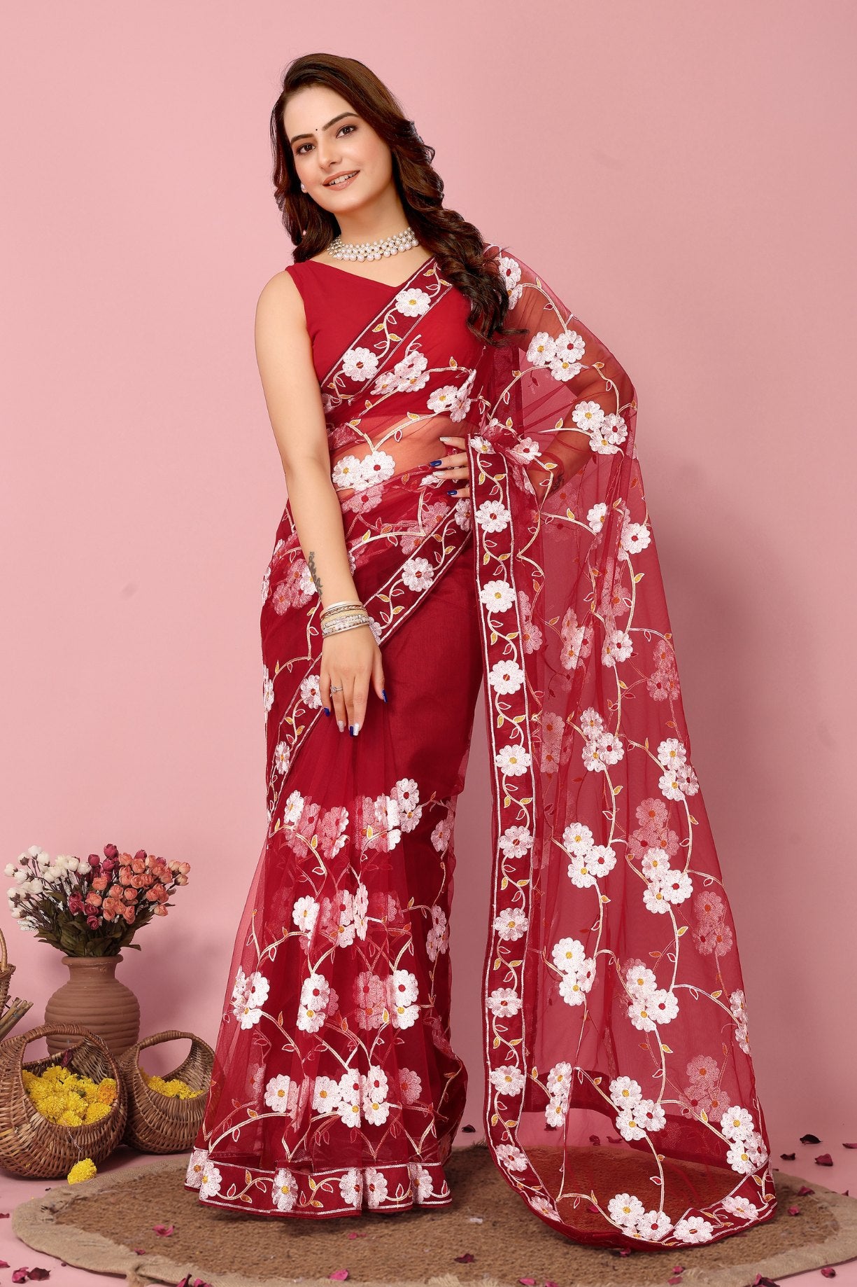 Buy MySilkLove Chestnut Red Woven Designer Embroidered Saree Online