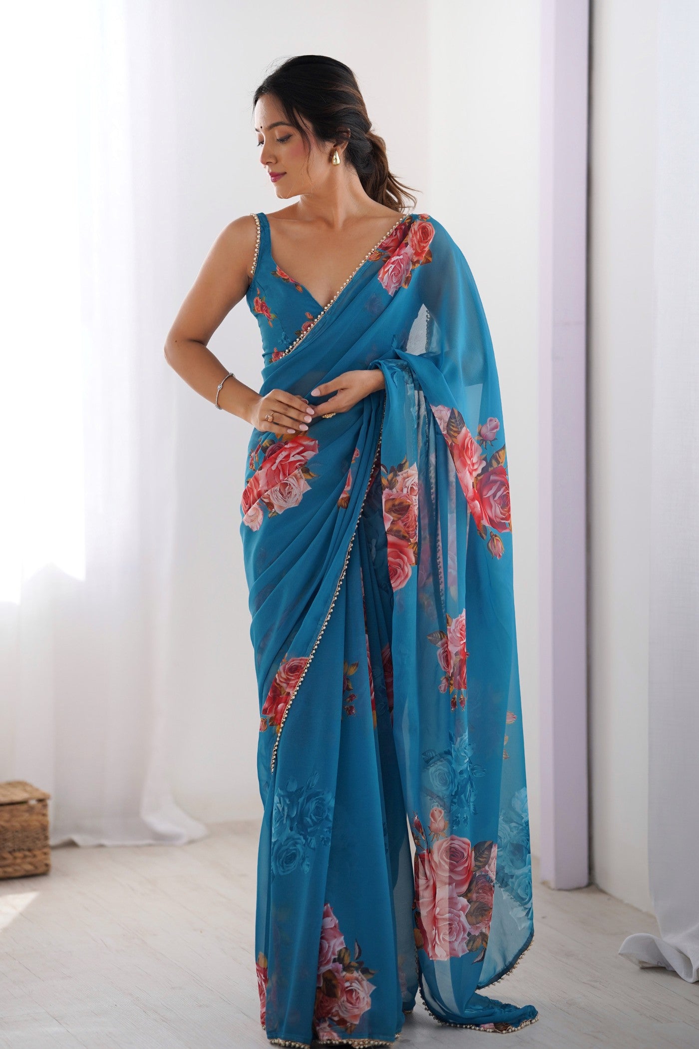 Buy MySilkLove Lobelia Blue Printed Georgette Saree Online