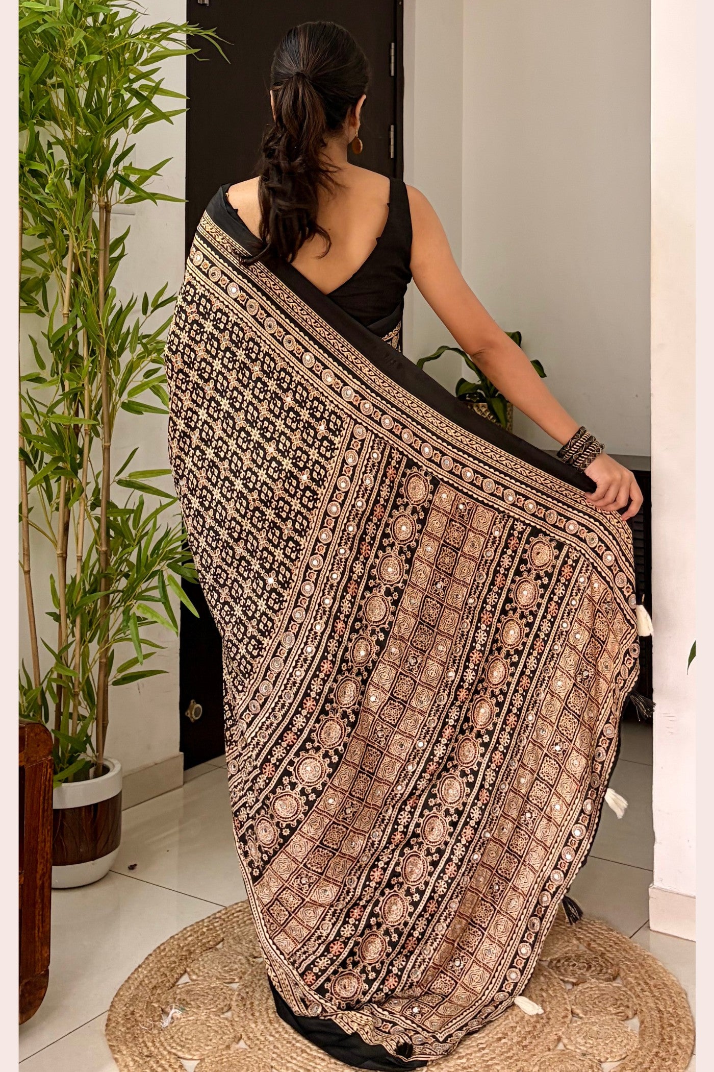 Buy MySilkLove Metal Black Modal Ajrakh Satin Printed Mirror Work Saree Online