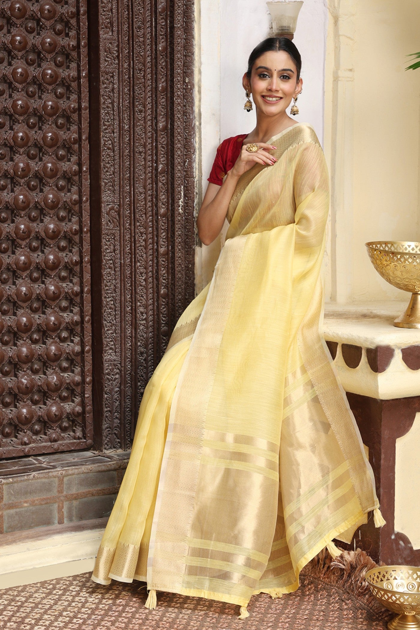 Buy MySilkLove Crayola Yellow Woven Cotton Saree Online