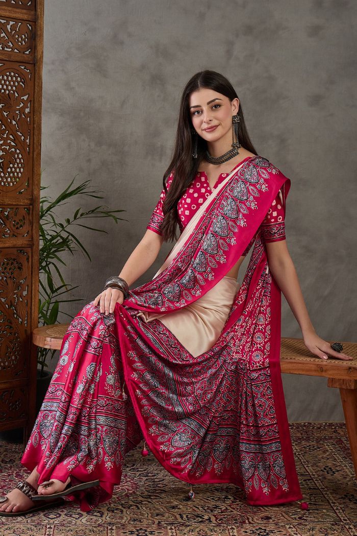 MySilkLove Dust Cream and Red Ajrakh Printed Satin Gaji Silk Saree