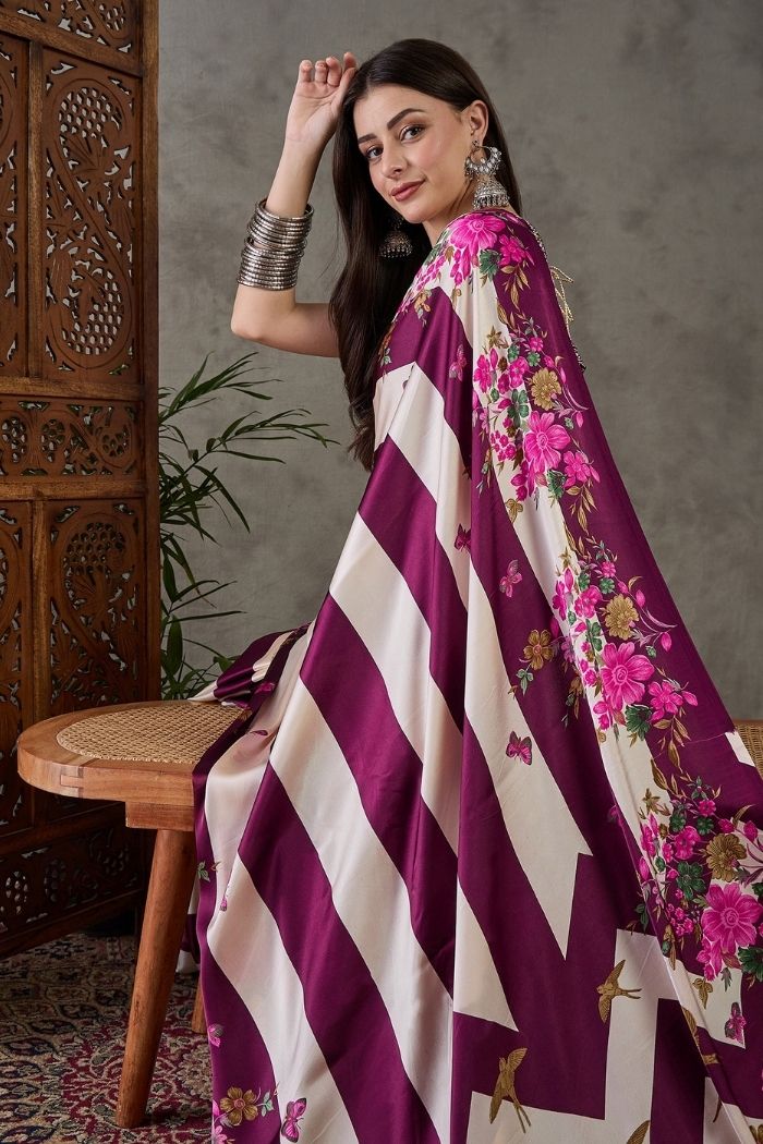Buy MySilkLove Cosmic Purple Stripe Printed Floral Satin Gaji Silk Saree Online