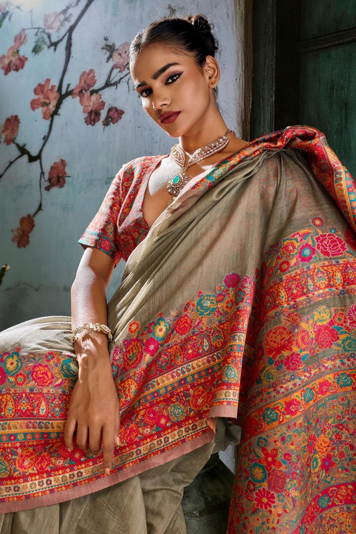 Buy MySilkLove Walnut Brown Kashmiri Handloom Jamewar Saree Online