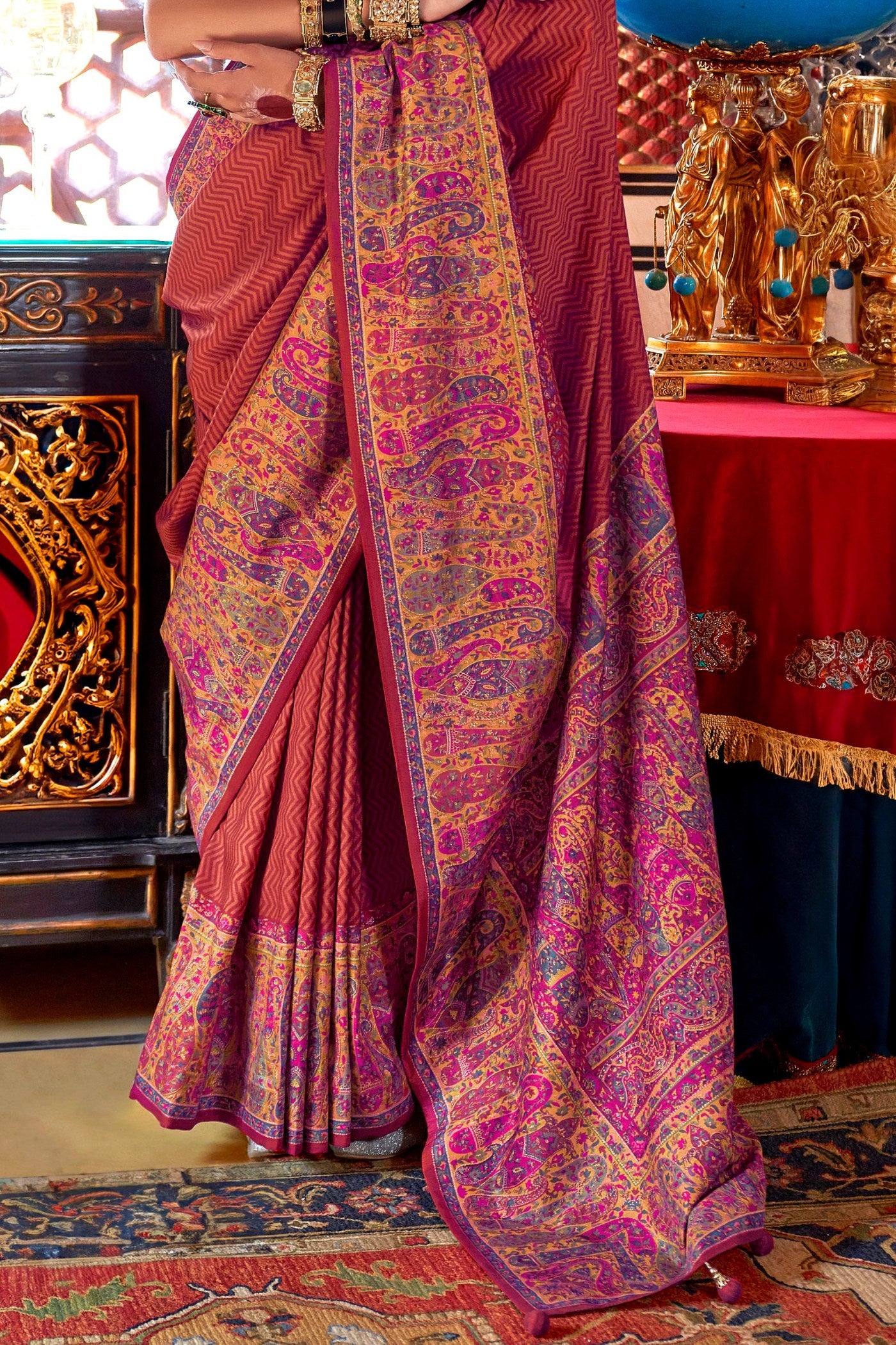 Buy MySilkLove Anthuriums Red Banarasi Jamawar Saree Online