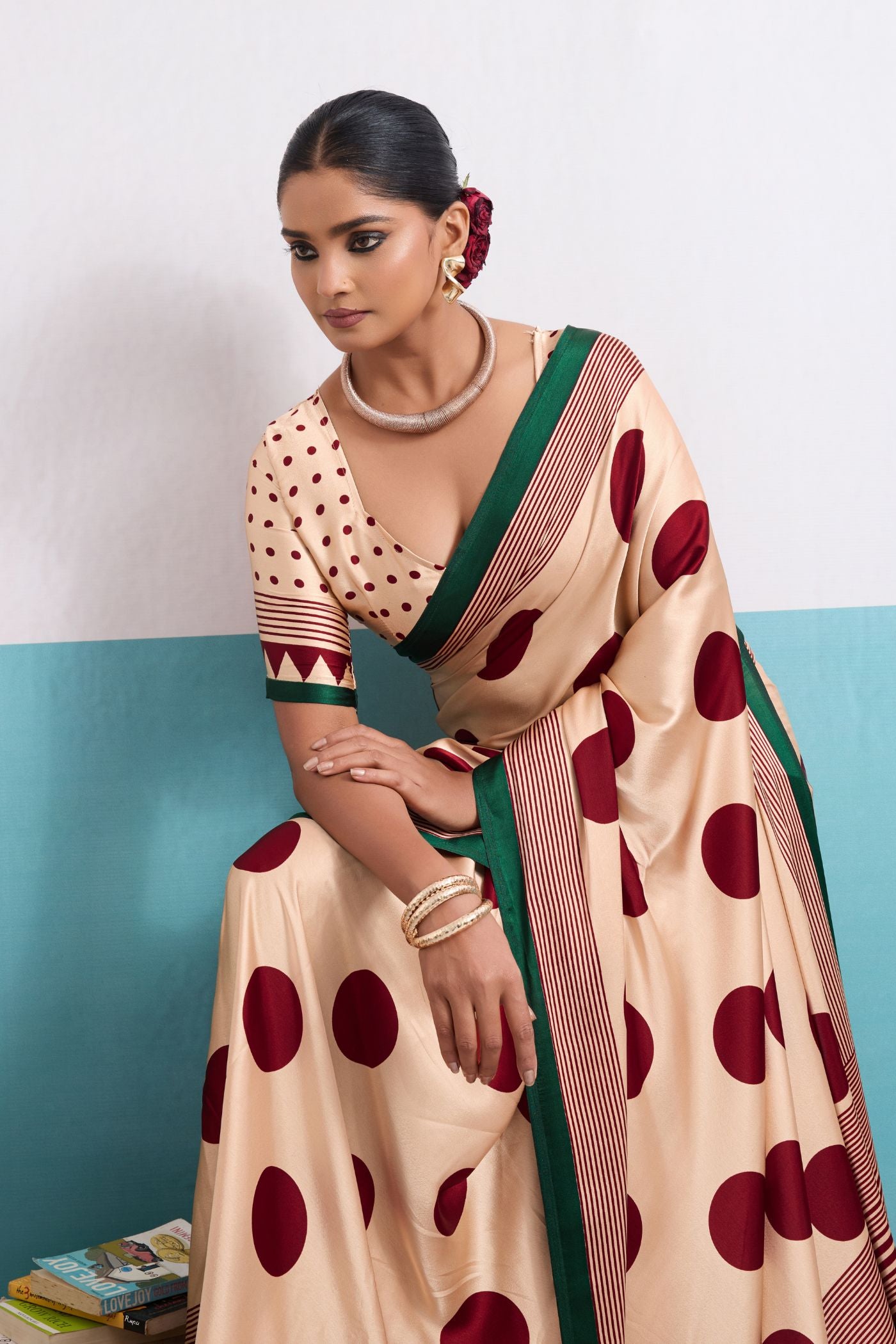 Buy MySilkLove Moonlight Cream and Maroon Polka Dots Satin Crepe Saree Online