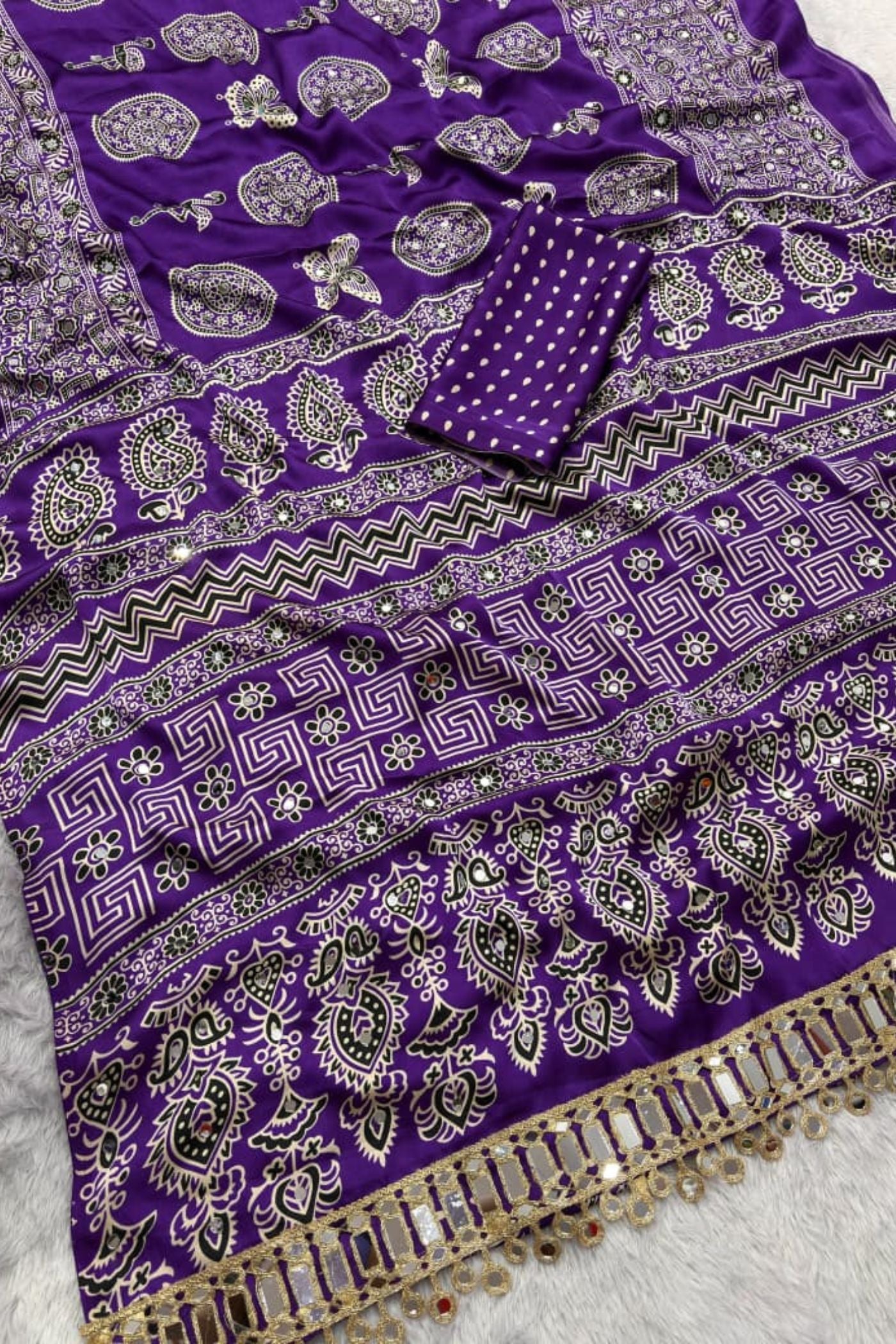 Buy MySilkLove Chili Red Ajrakh Satin Printed Mirror Work Saree Online