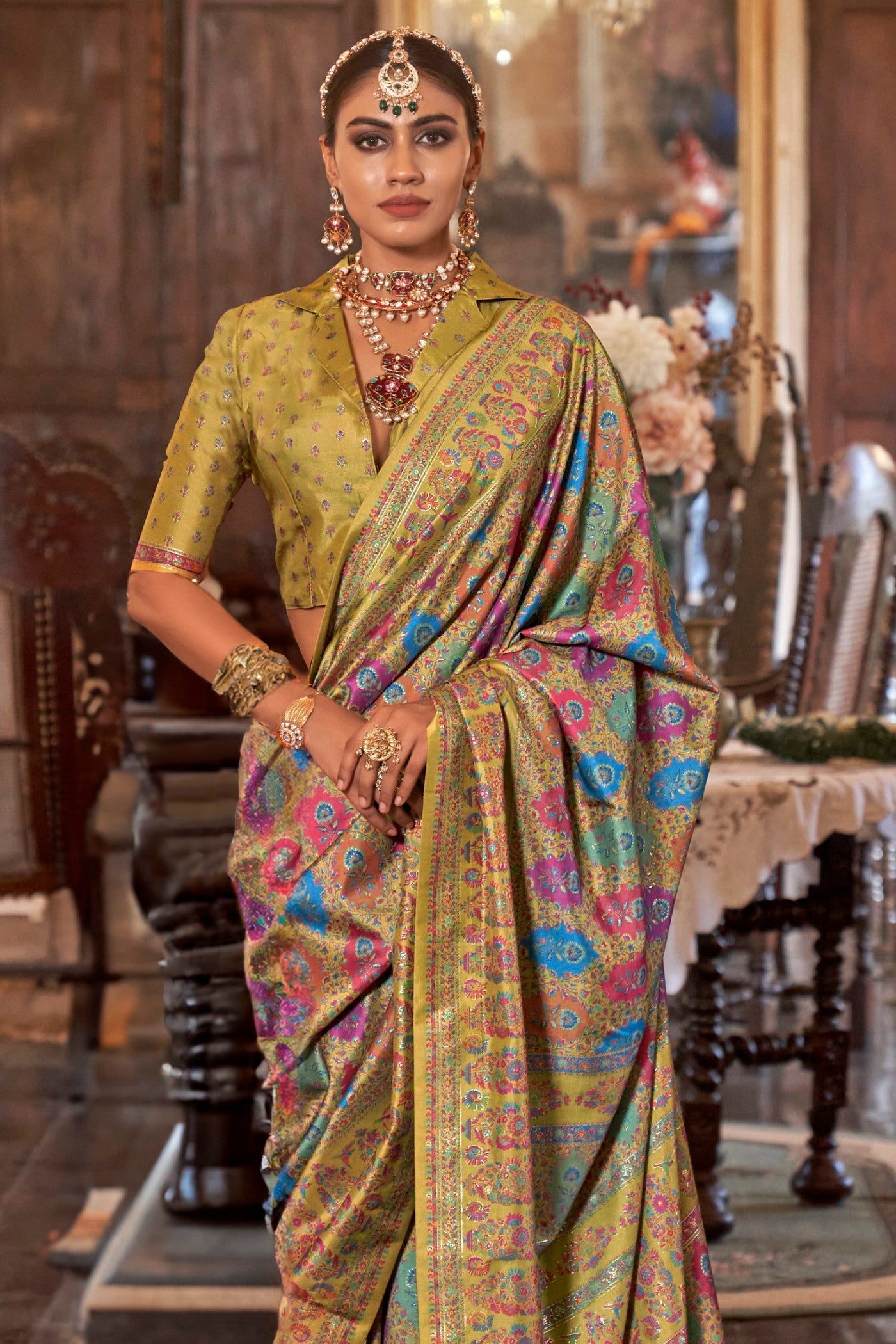 Buy MySilkLove Husk Yellow Printed Jamewar Saree Online