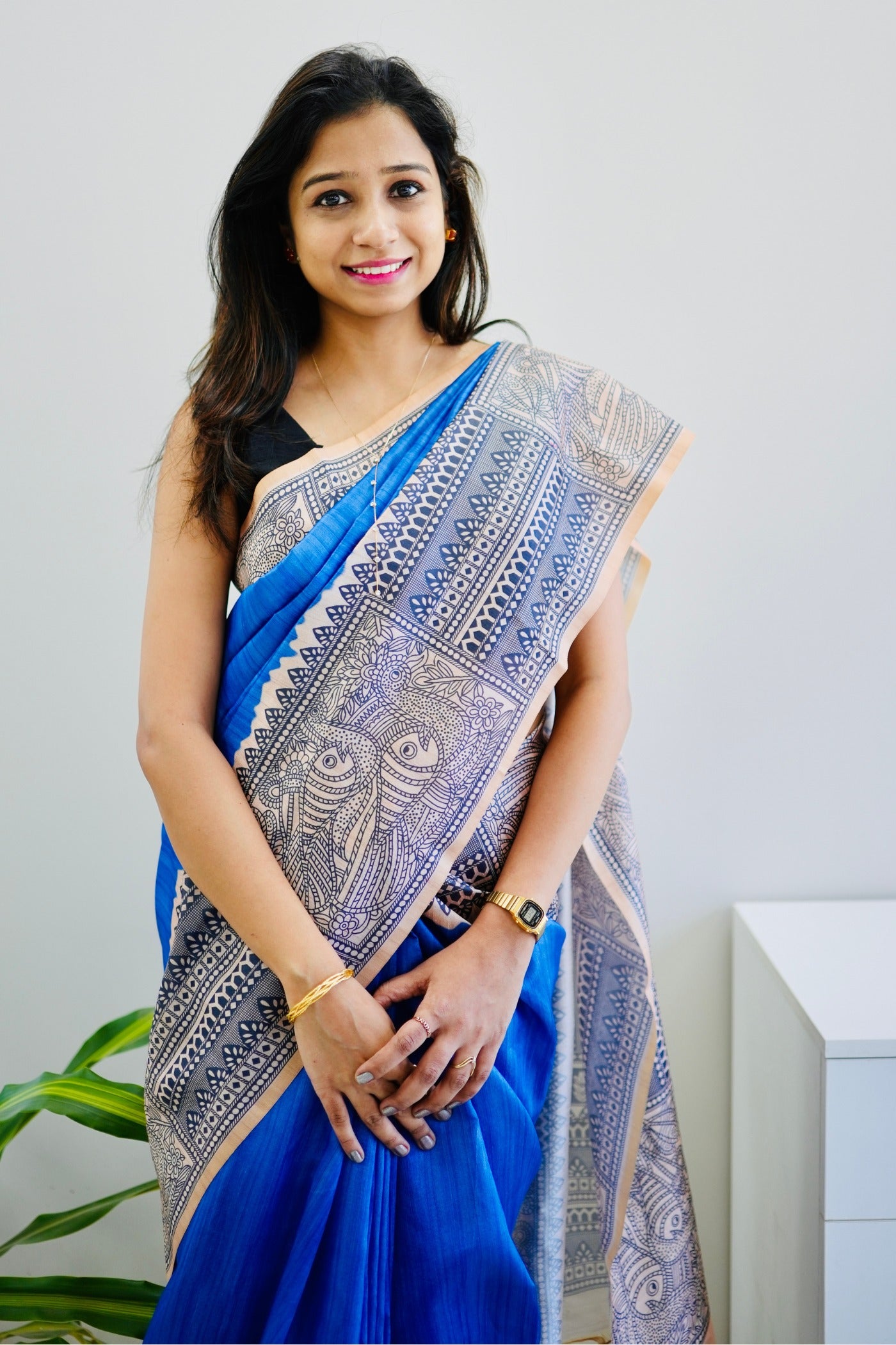 Buy MySilkLove Cobalt Blue Madhubani Printed Silk Saree Online
