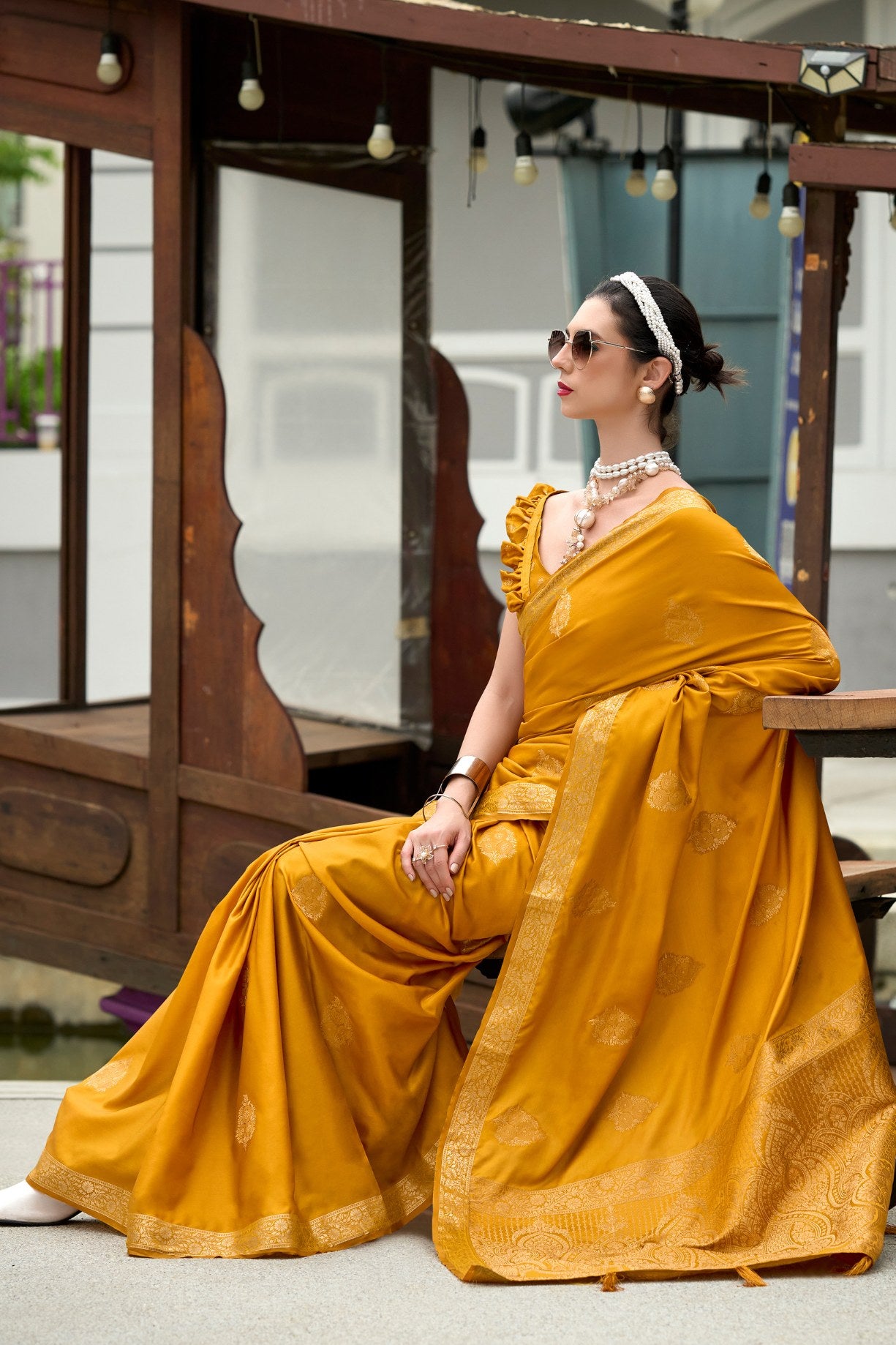 Buy MySilkLove Brandy Punch Yellow Banarasi Handloom Satin Saree Online