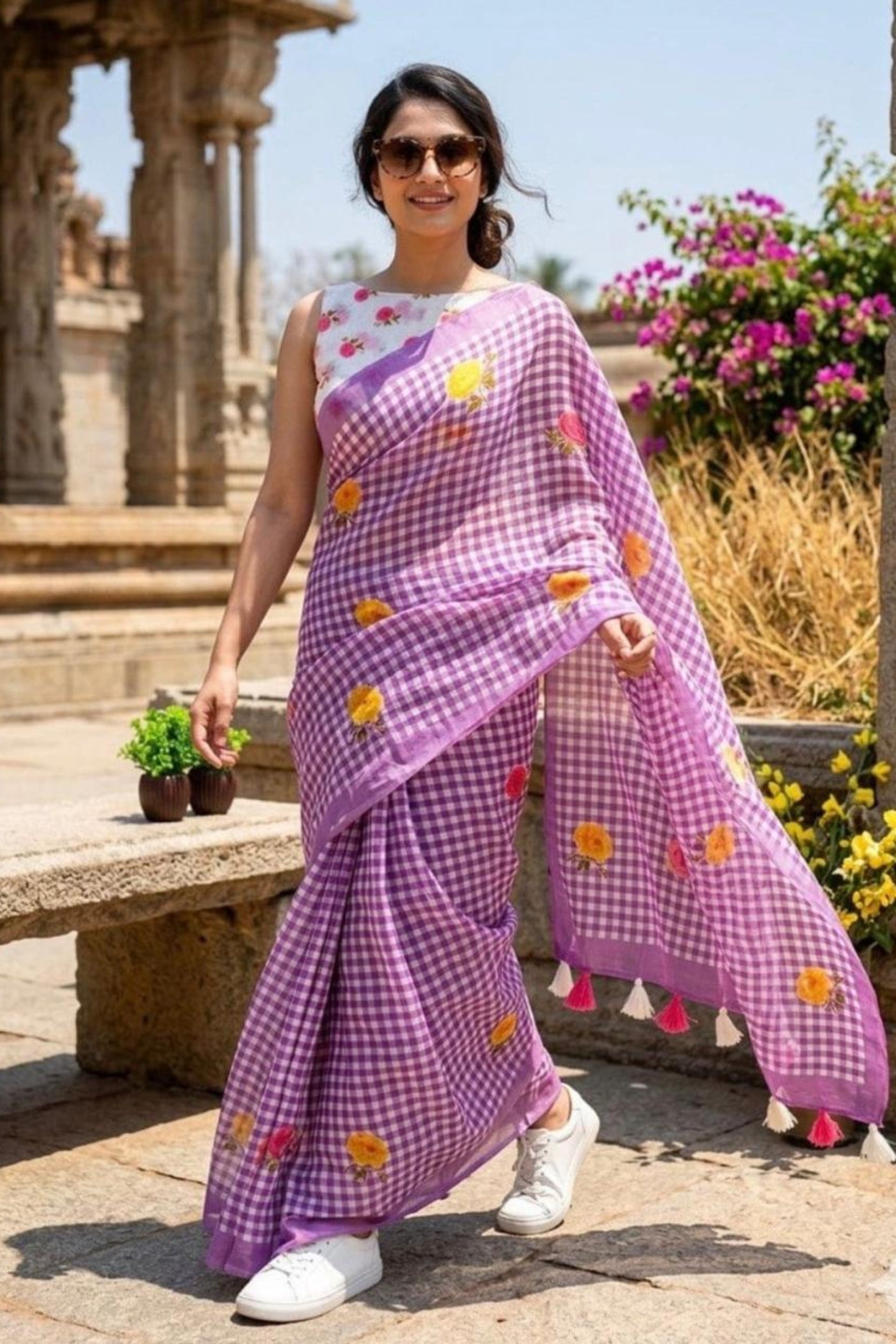 Buy MySilkLove Lily Purple Soft Linen Cotton Pinted Saree Online