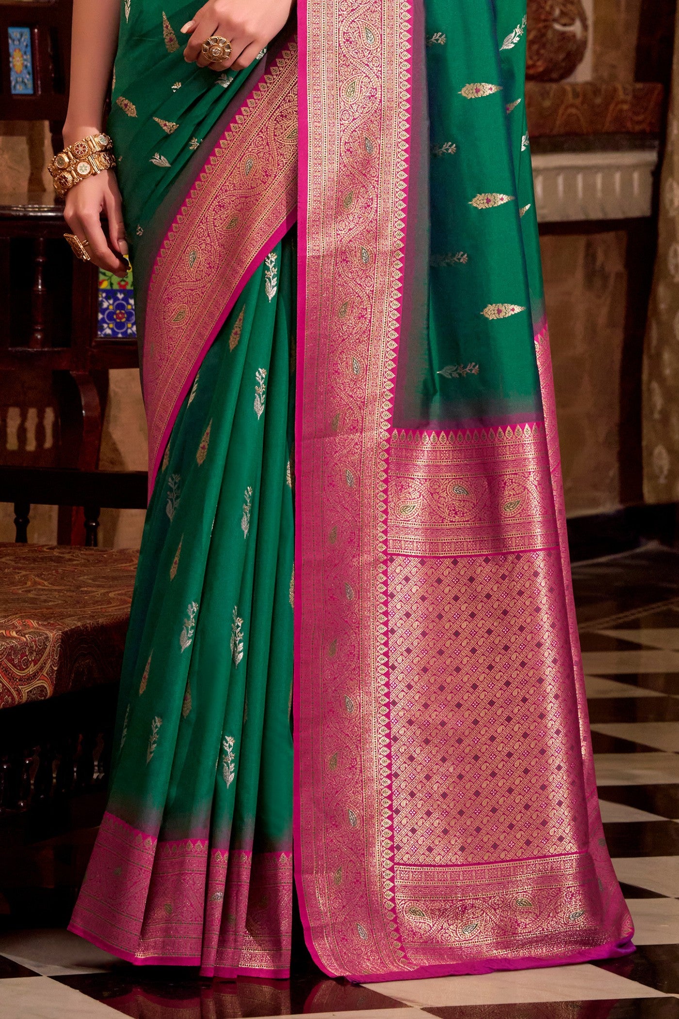 Buy MySilkLove Jungle Green Woven Banarsi Saree Online
