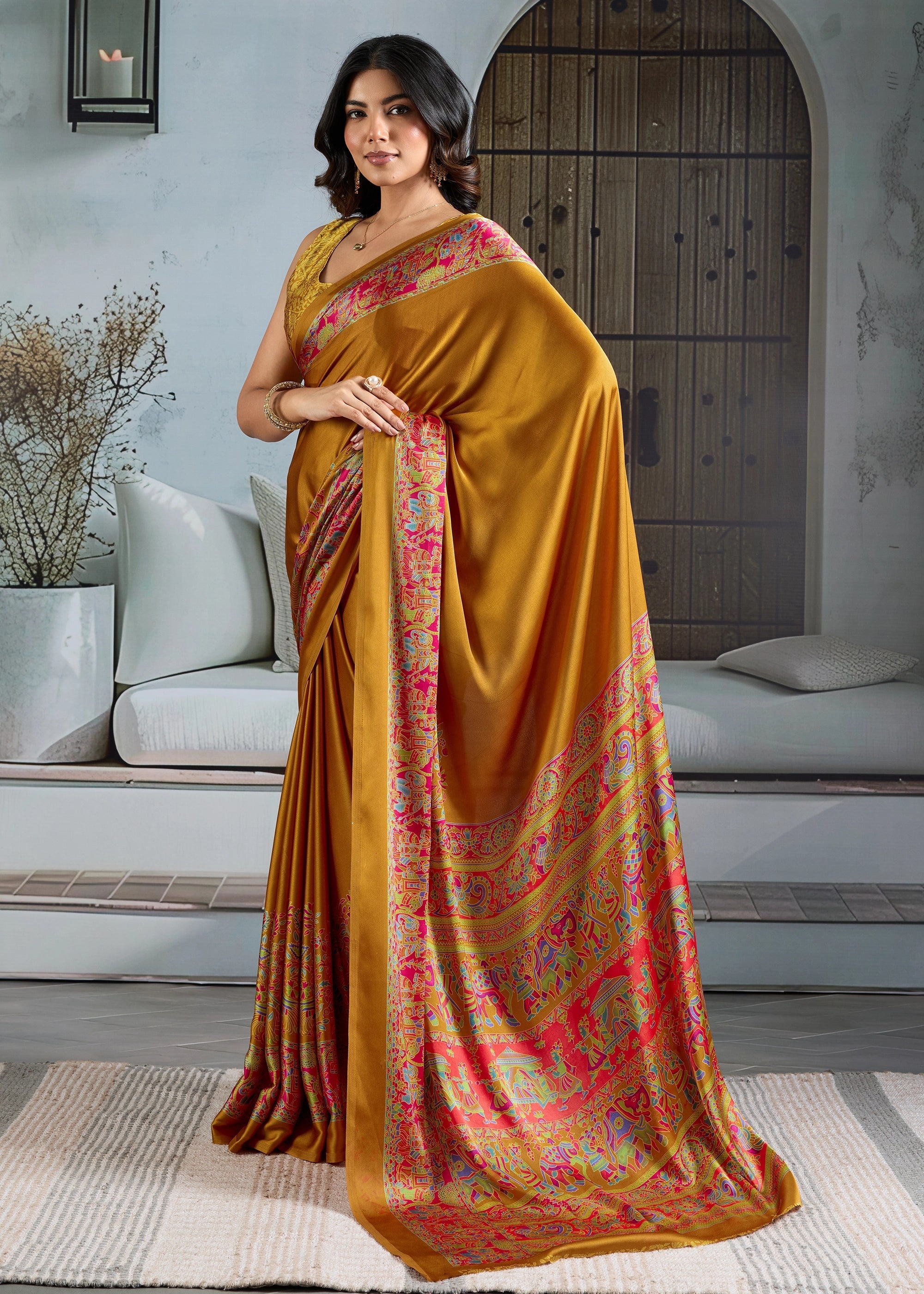 Buy MySilkLove Daisy Yellow Printed Satin Crepe Silk Saree Online