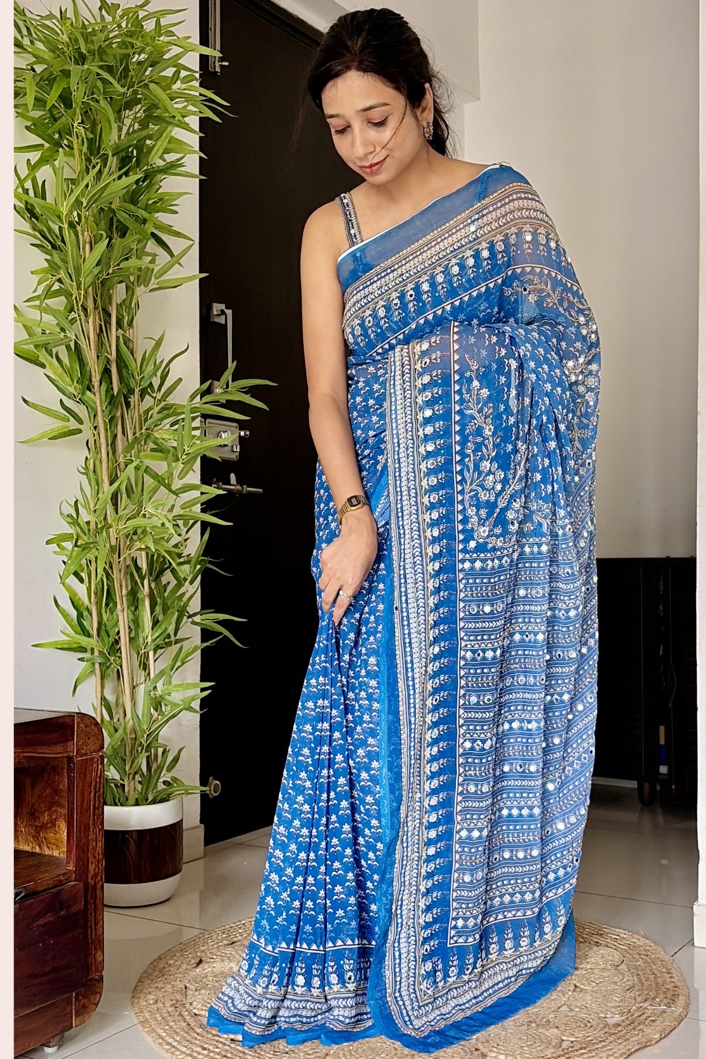 Buy MySilkLove Calypso Blue Ajrakh Georgette Printed Mirror Work Saree Online