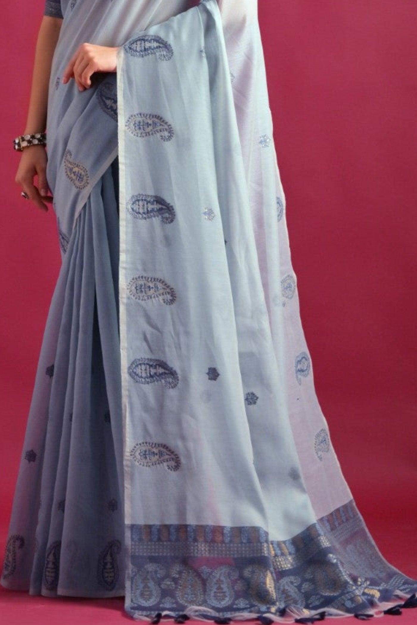 Buy MySilkLove Sky Blue Woven Mul Cotton Saree Online