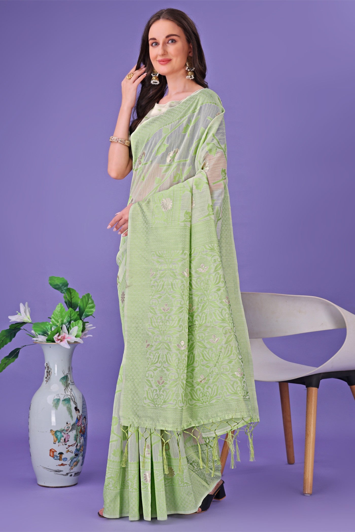 Buy MySilkLove Pista Green Linen Cotton Saree Online