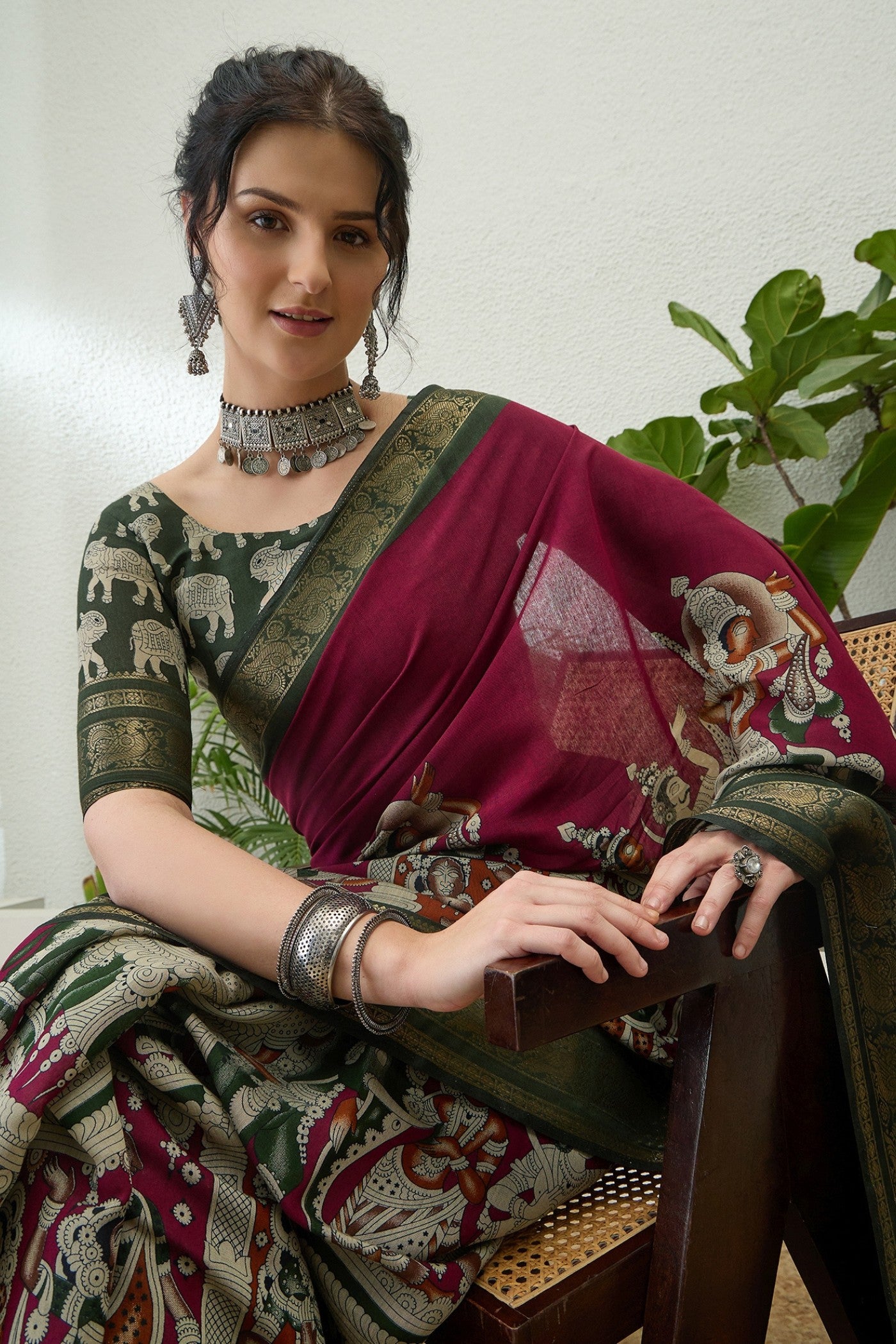 MySilkLove Dark Tan Maroon Printed Cotton Saree