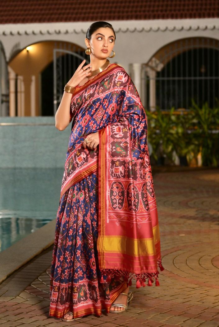 Buy MySilkLove Mulled Wine Blue Printed Patola Soft Silk Saree Online