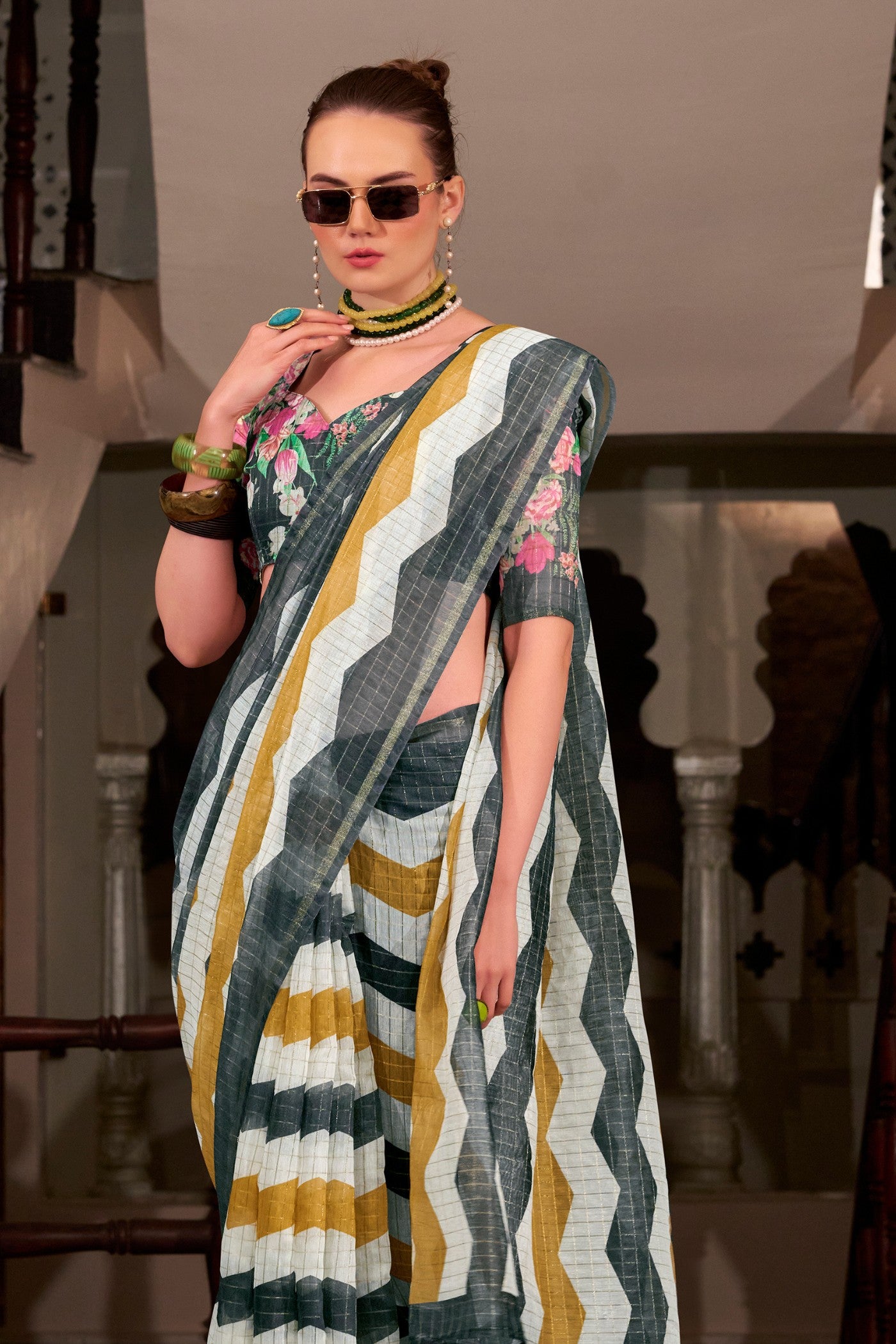 Buy MySilkLove Locust Green and Yellow Woven Linen Saree Online