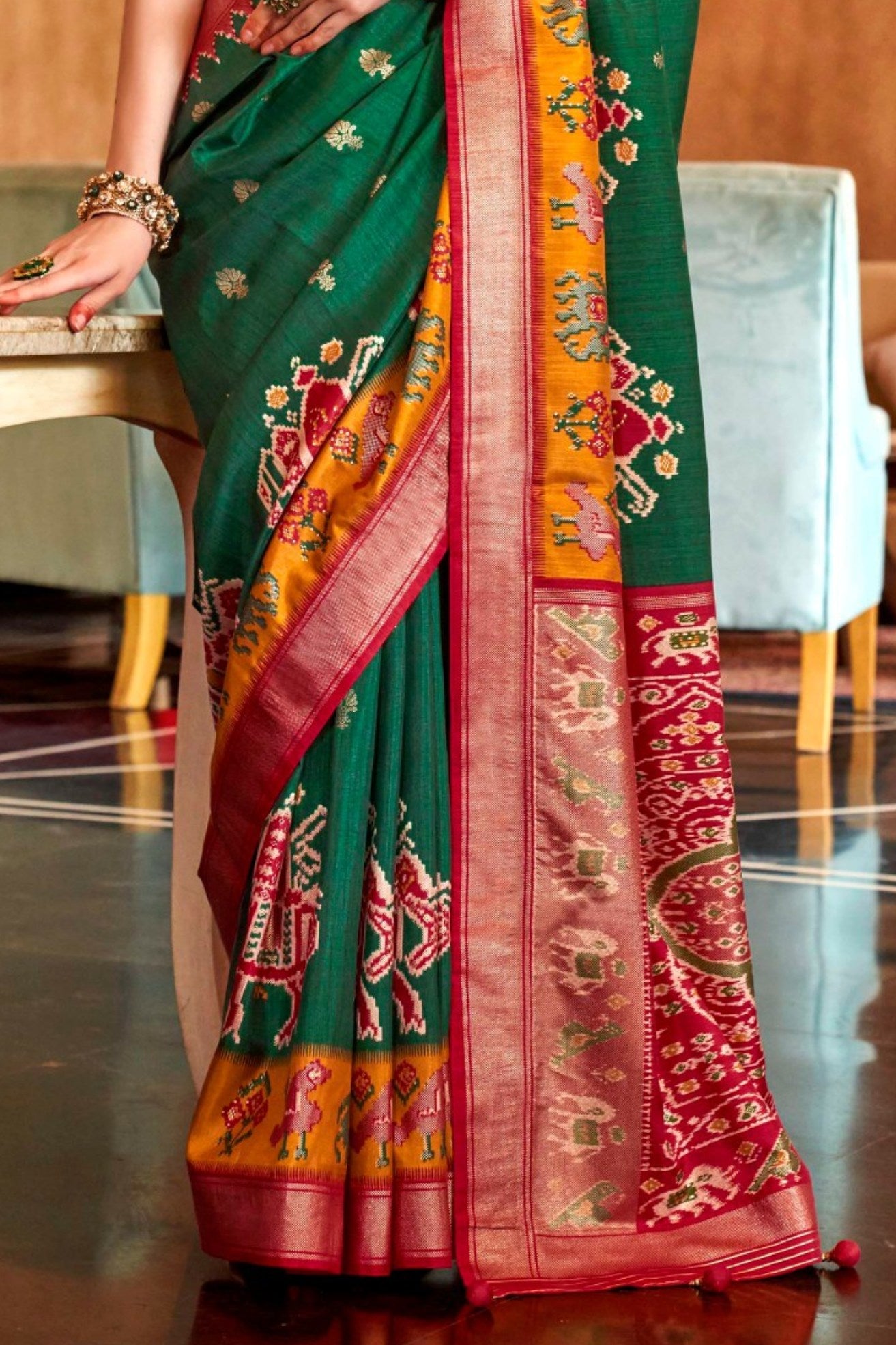 Buy MySilkLove Dark Leaf Green Printed Patola Saree Online