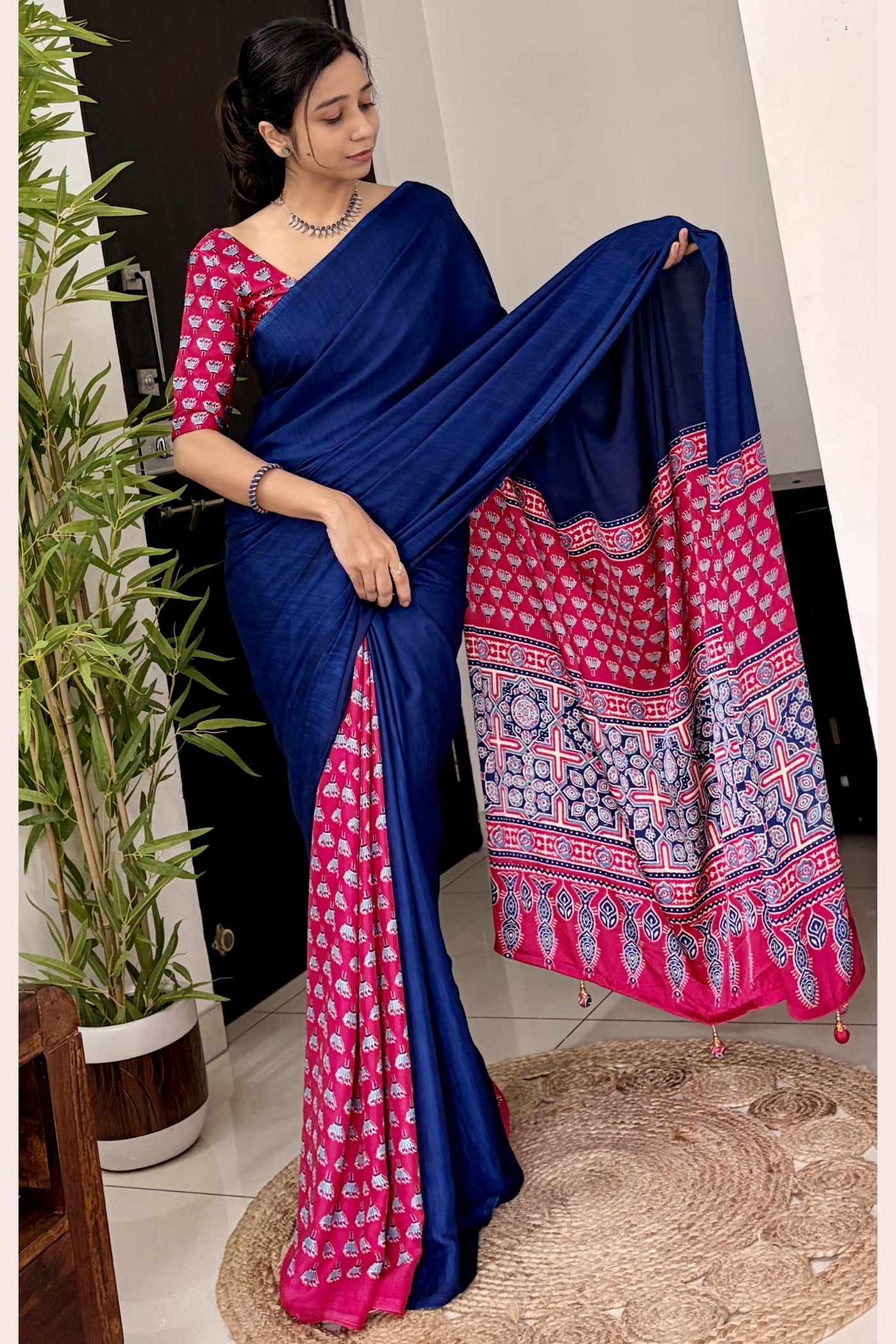 Buy MySilkLove Starlit Blue and Pink Ajrakh Printed Satin Crepe Silk Saree Online