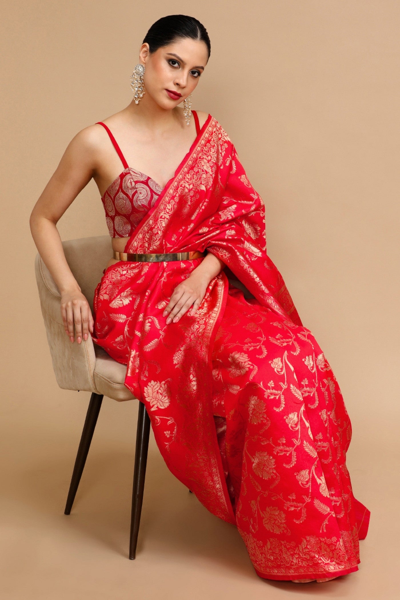 MySilkLove Ruby Red Woven Jacquard Lichi Silk Saree