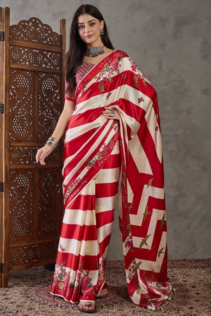 Buy MySilkLove Fire Red Stripe Printed Floral Satin Gaji Silk Saree Online