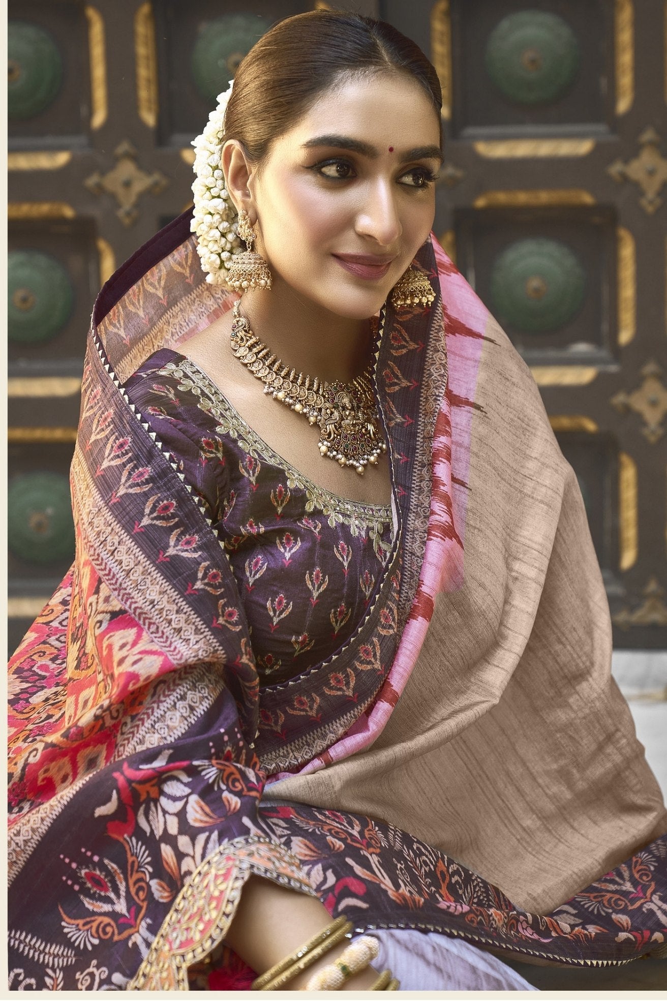 Buy MySilkLove Bone Cream And Pink Banarasi Designer Saree Online