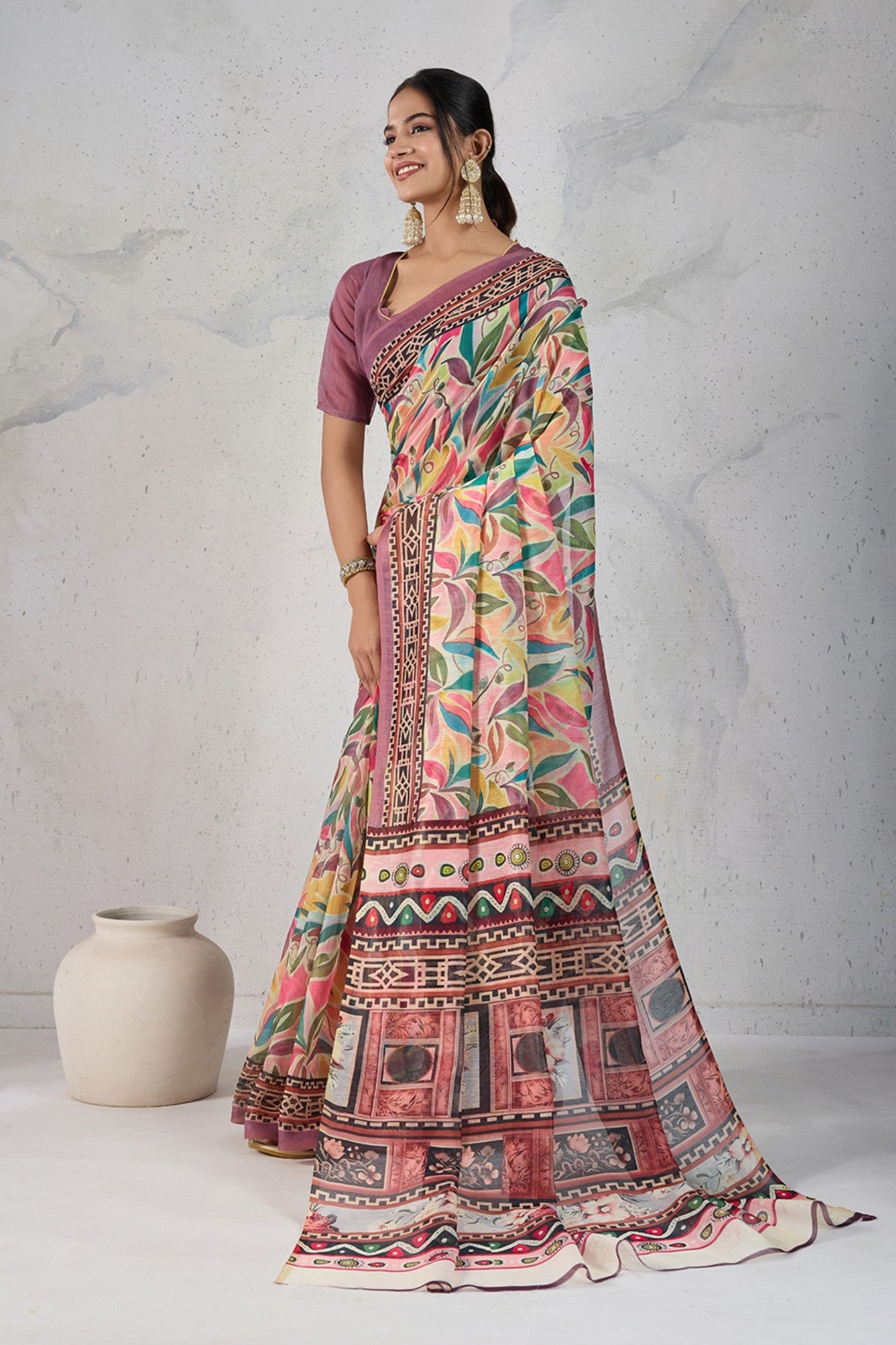 Buy MySilkLove Multicolor Pink Digital Printed Saree Online