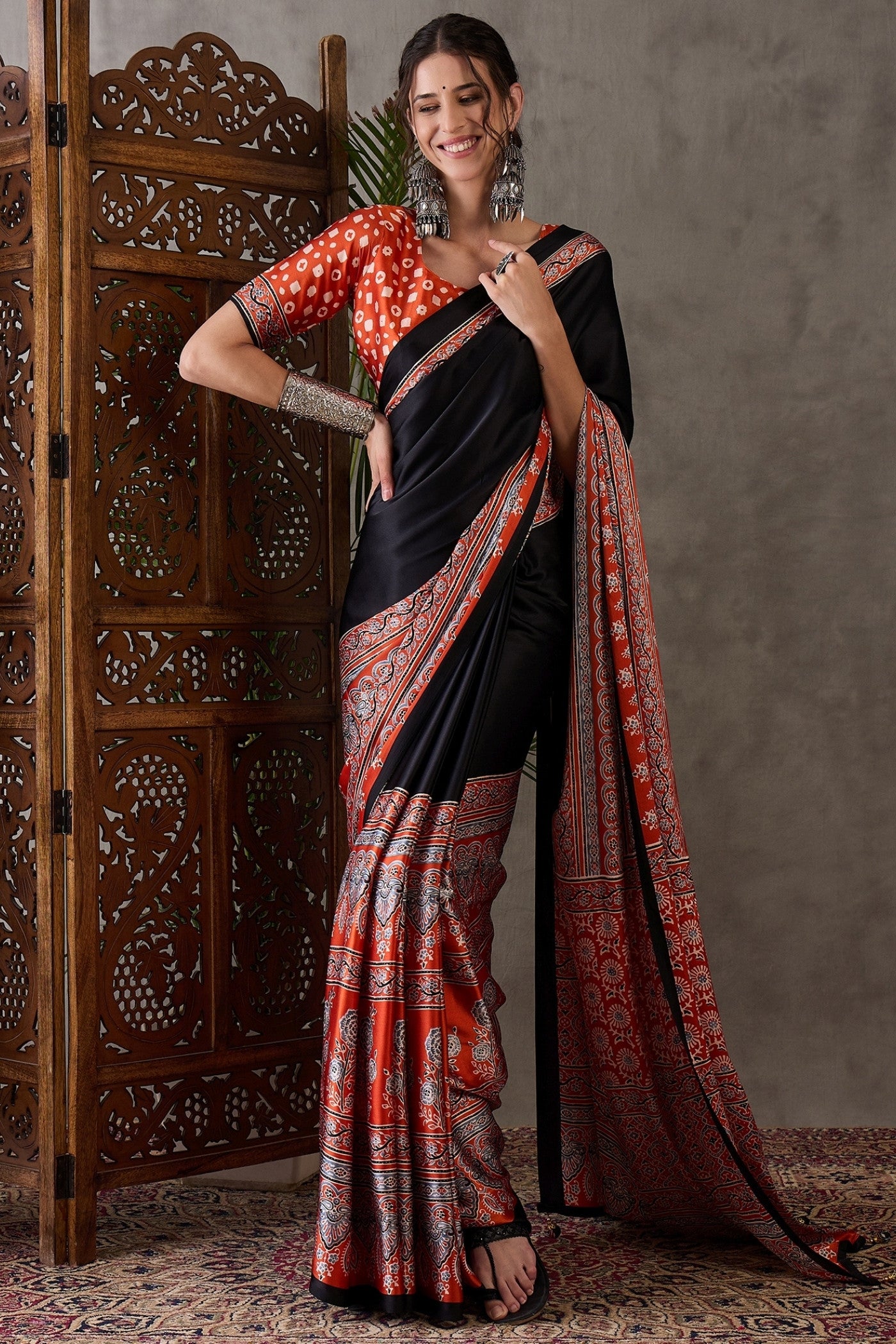 Buy MySilkLove Licorice Black Printed Satin Gaji Silk Saree Online