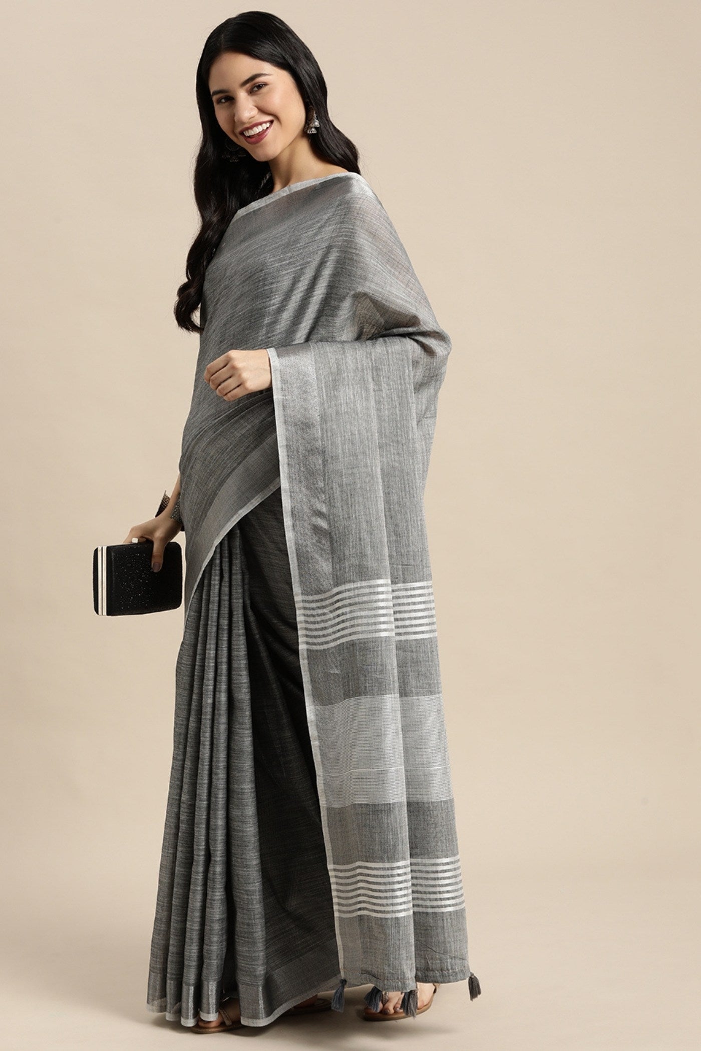 Buy MySilkLove Cadet Grey Woven Linen Cotton Saree Online