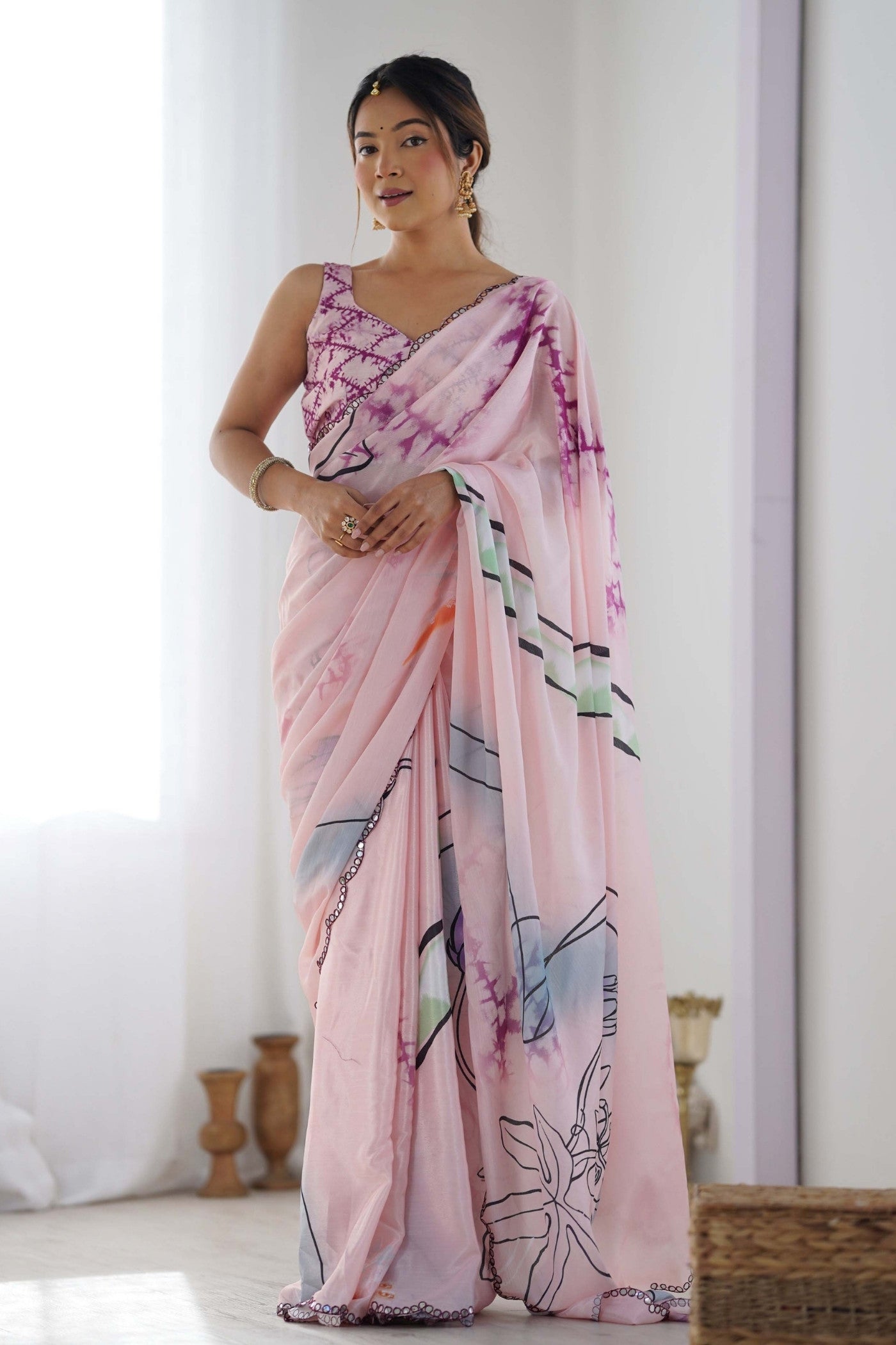 Buy MySilkLove Thistle Pink Digital Printed Chinon Saree Online