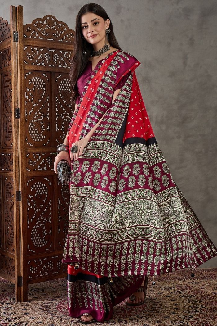 Buy MySilkLove Brick Red Ajrakh Printed Satin Gaji Silk Saree Online