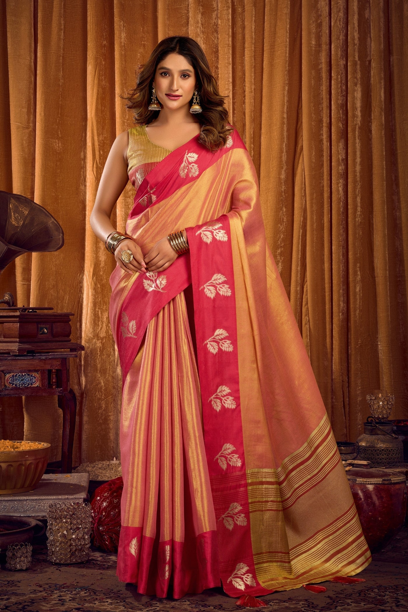 Buy MySilkLove Salmon Pink Woven Tissue Saree Online