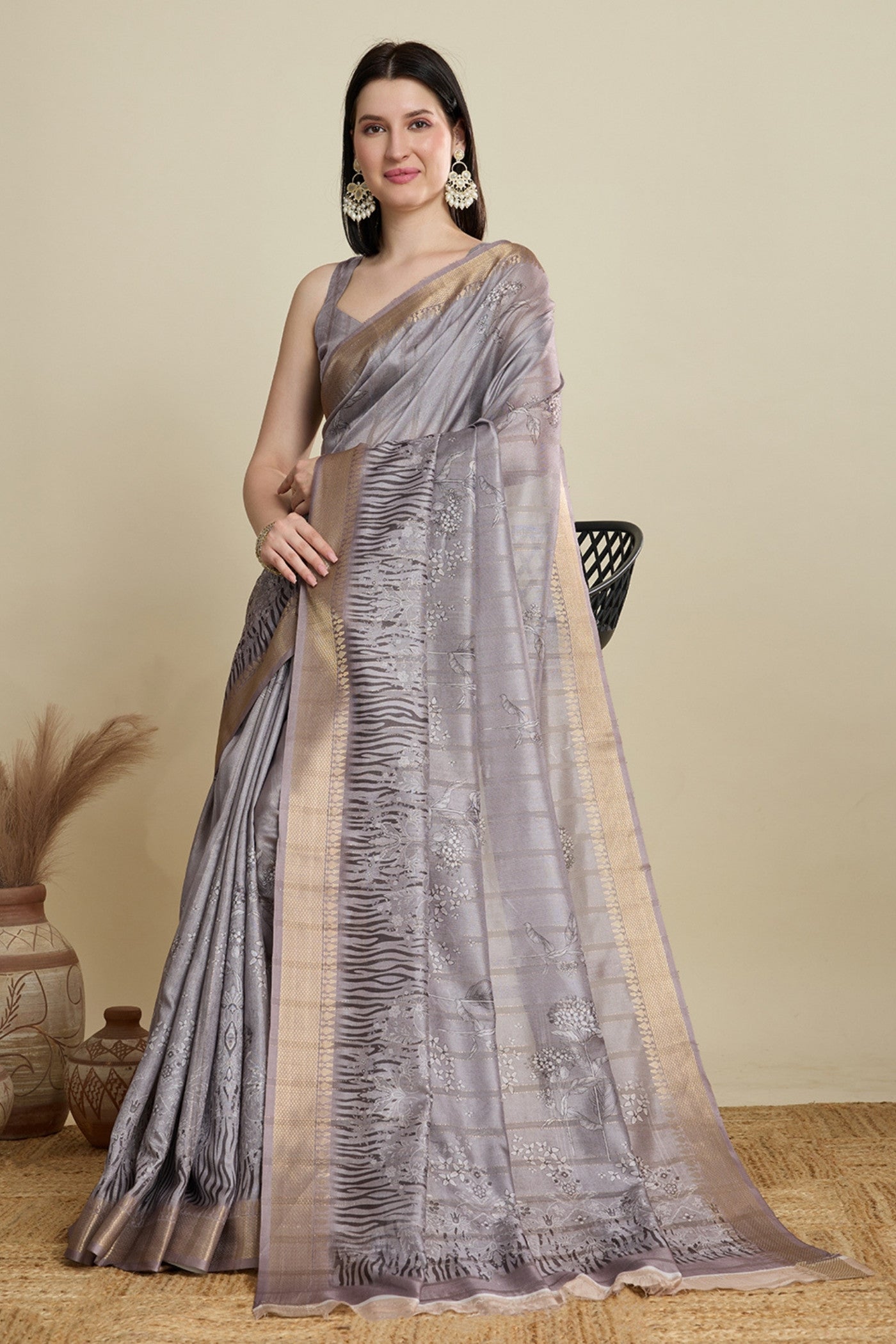 Buy MySilkLove British Grey Woven Cotton Saree Online