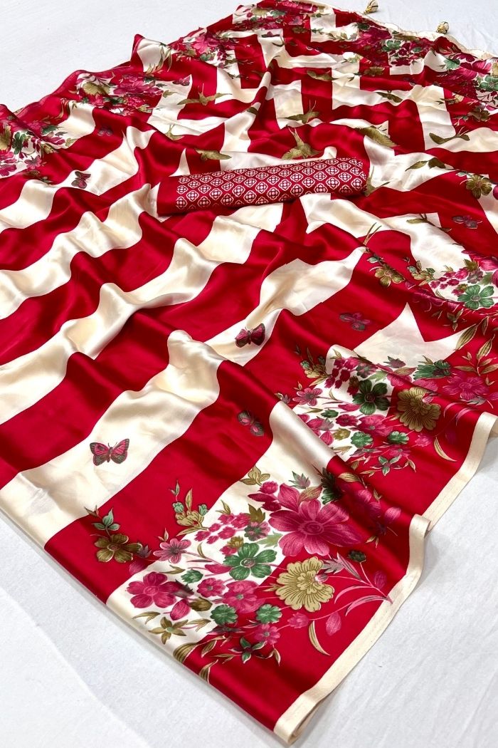 Buy MySilkLove Fire Red Stripe Printed Floral Satin Gaji Silk Saree Online