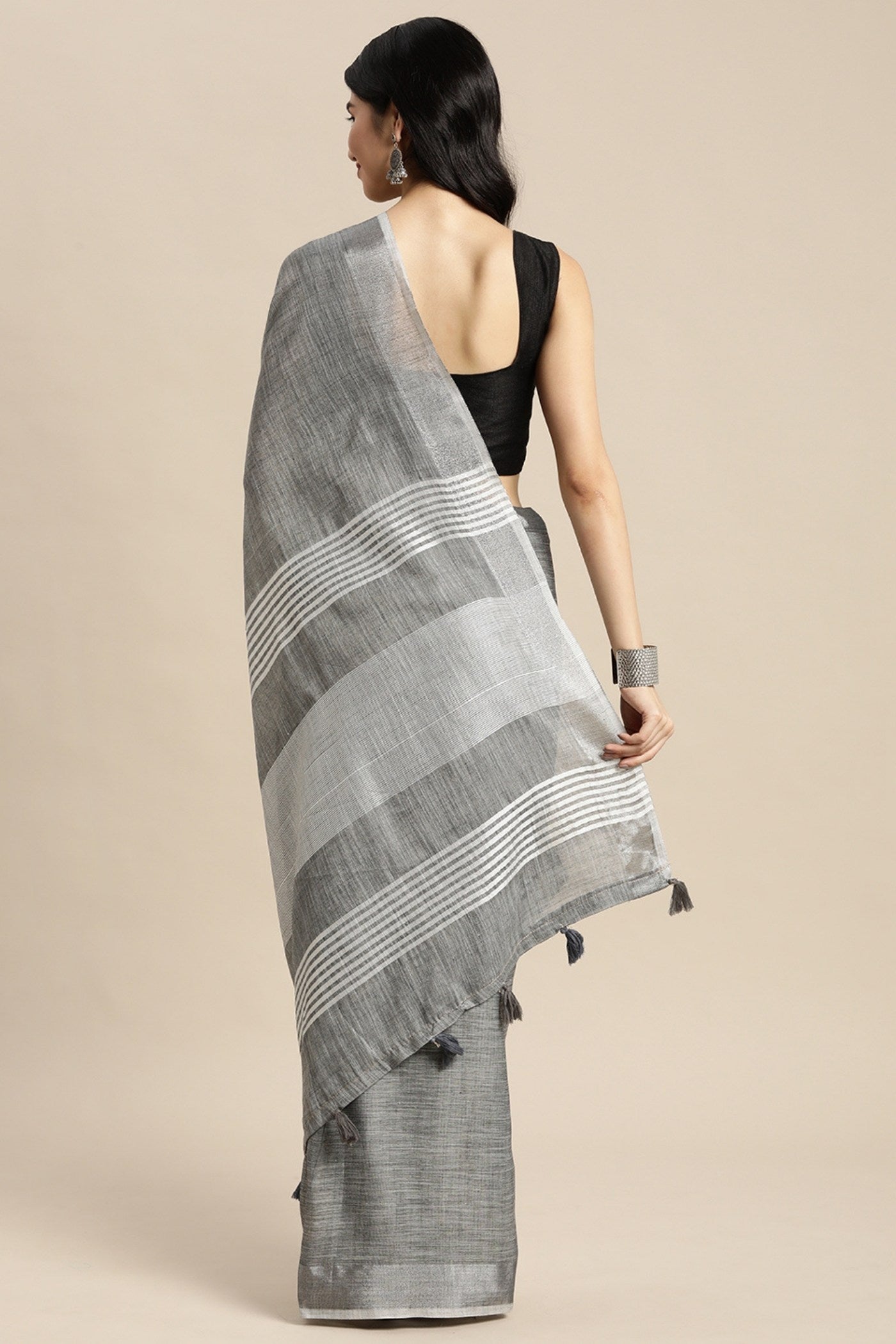 Buy MySilkLove Cadet Grey Woven Linen Cotton Saree Online