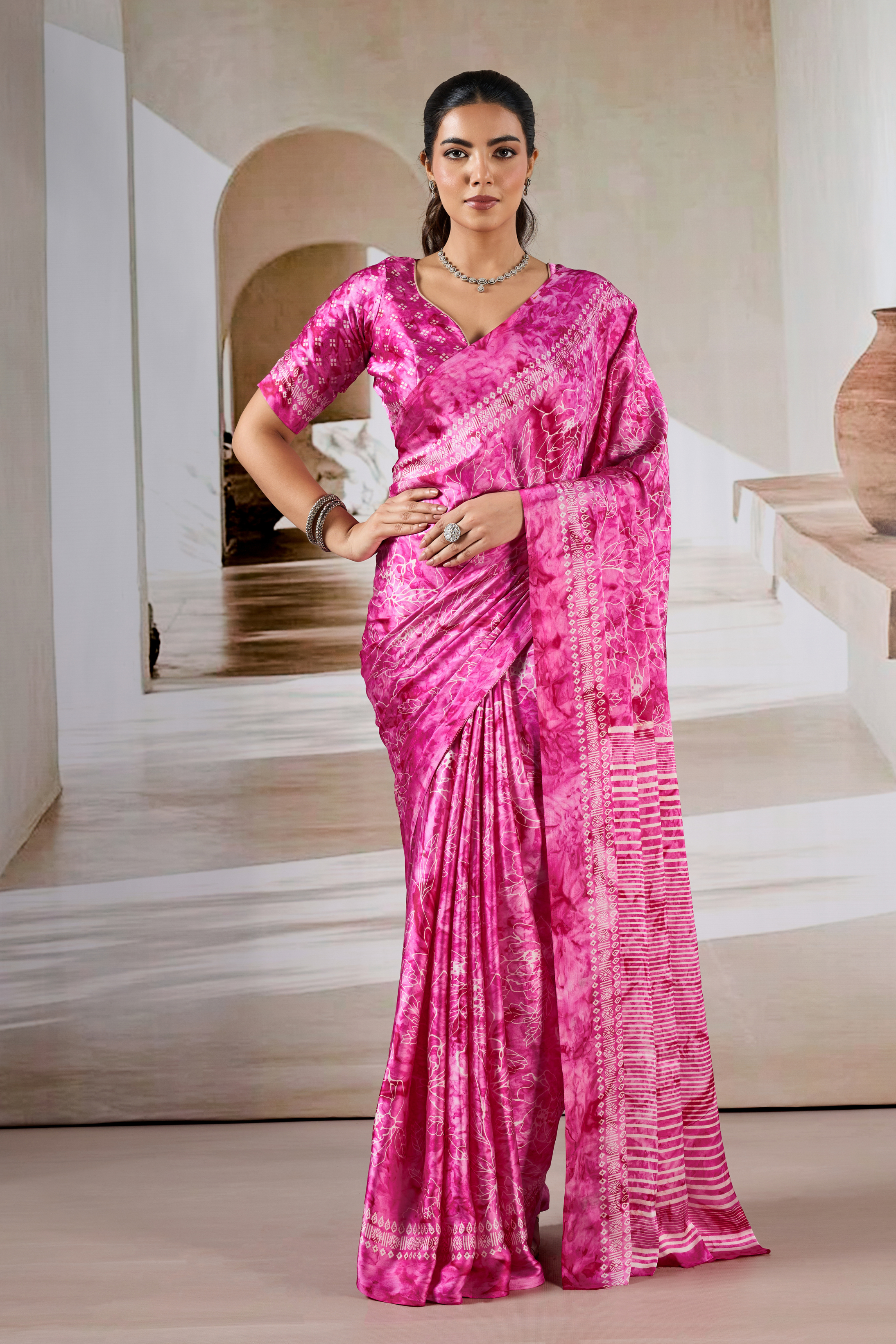 Buy MySilkLove Blossom Pink Modal Satin Hand Prism Print Saree Online