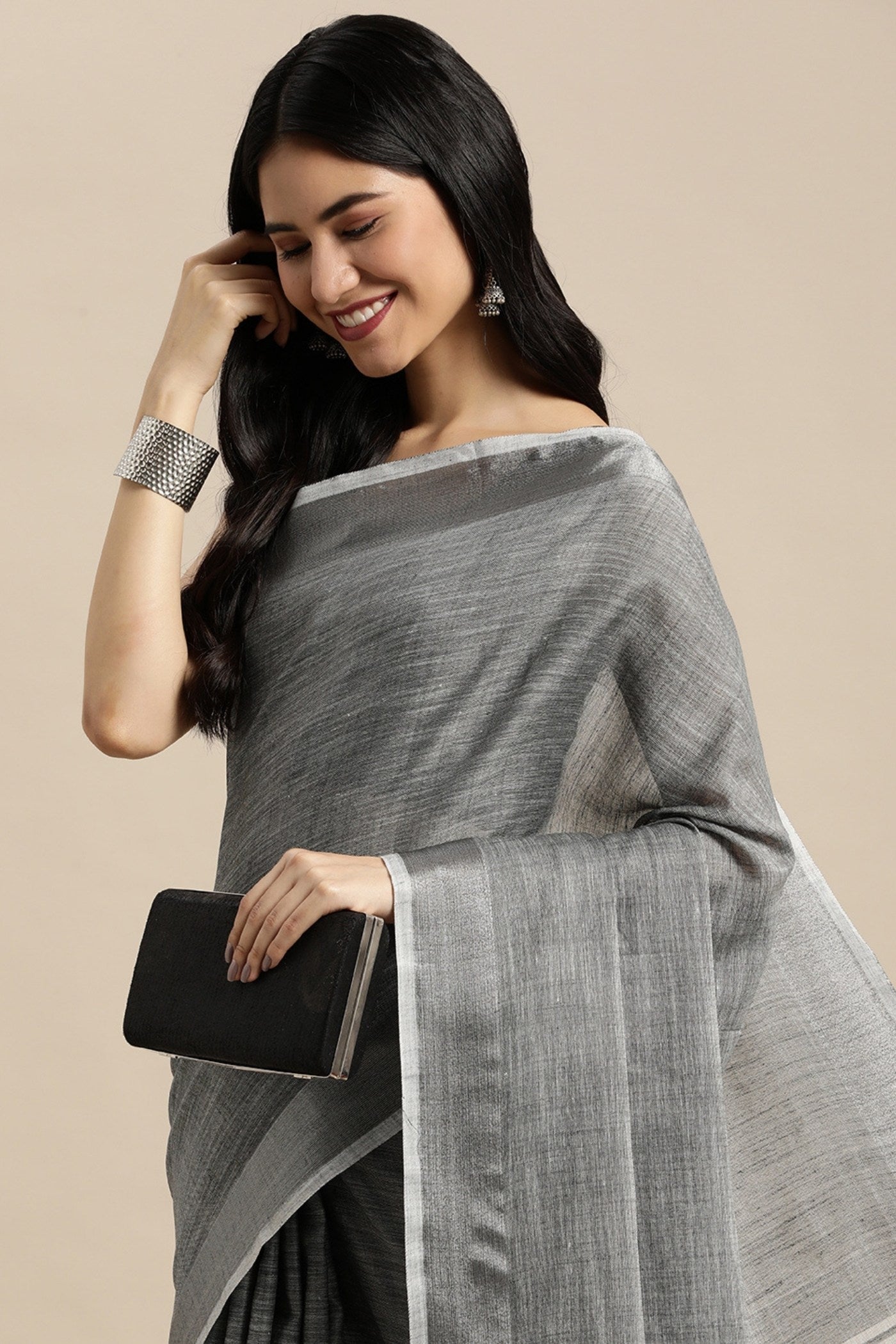 Buy MySilkLove Cadet Grey Woven Linen Cotton Saree Online