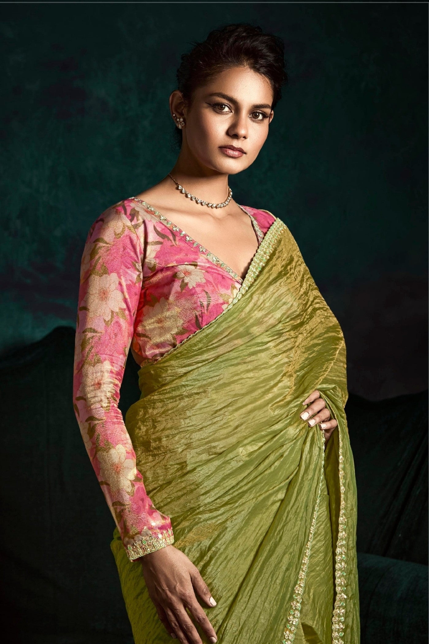 MySilkLove Olivetone Green Embroidered Tissue Designer Saree